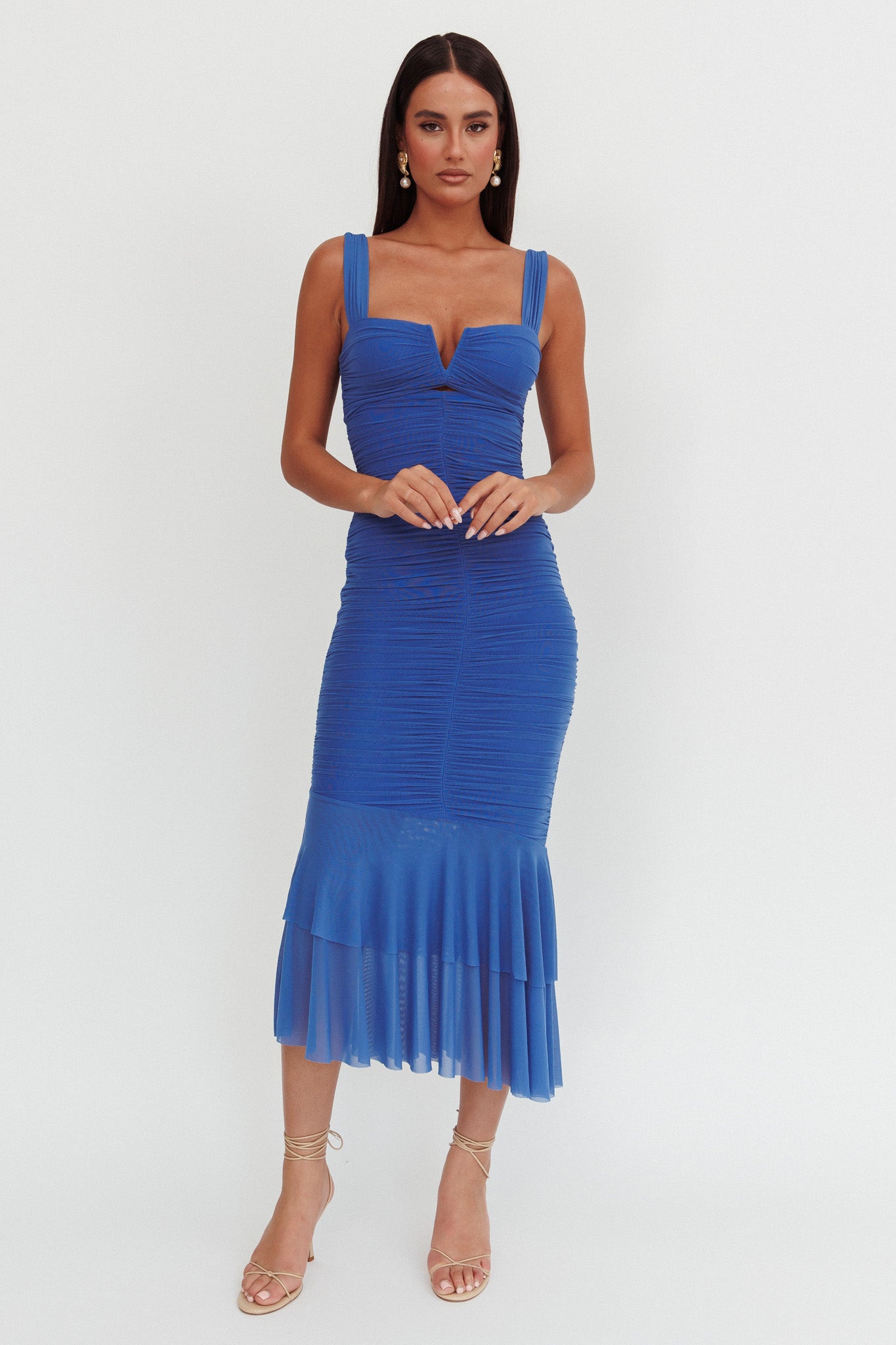 Nadia Ruched Fishtail Maxi Dress Blue | Selfie Leslie
