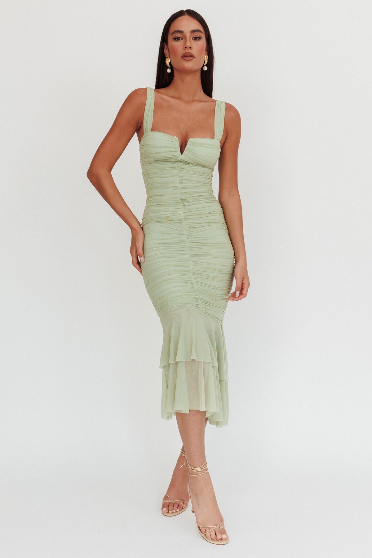 backless bum ruched fishtail maxi dress Nadia Pistachio Qni fishtail