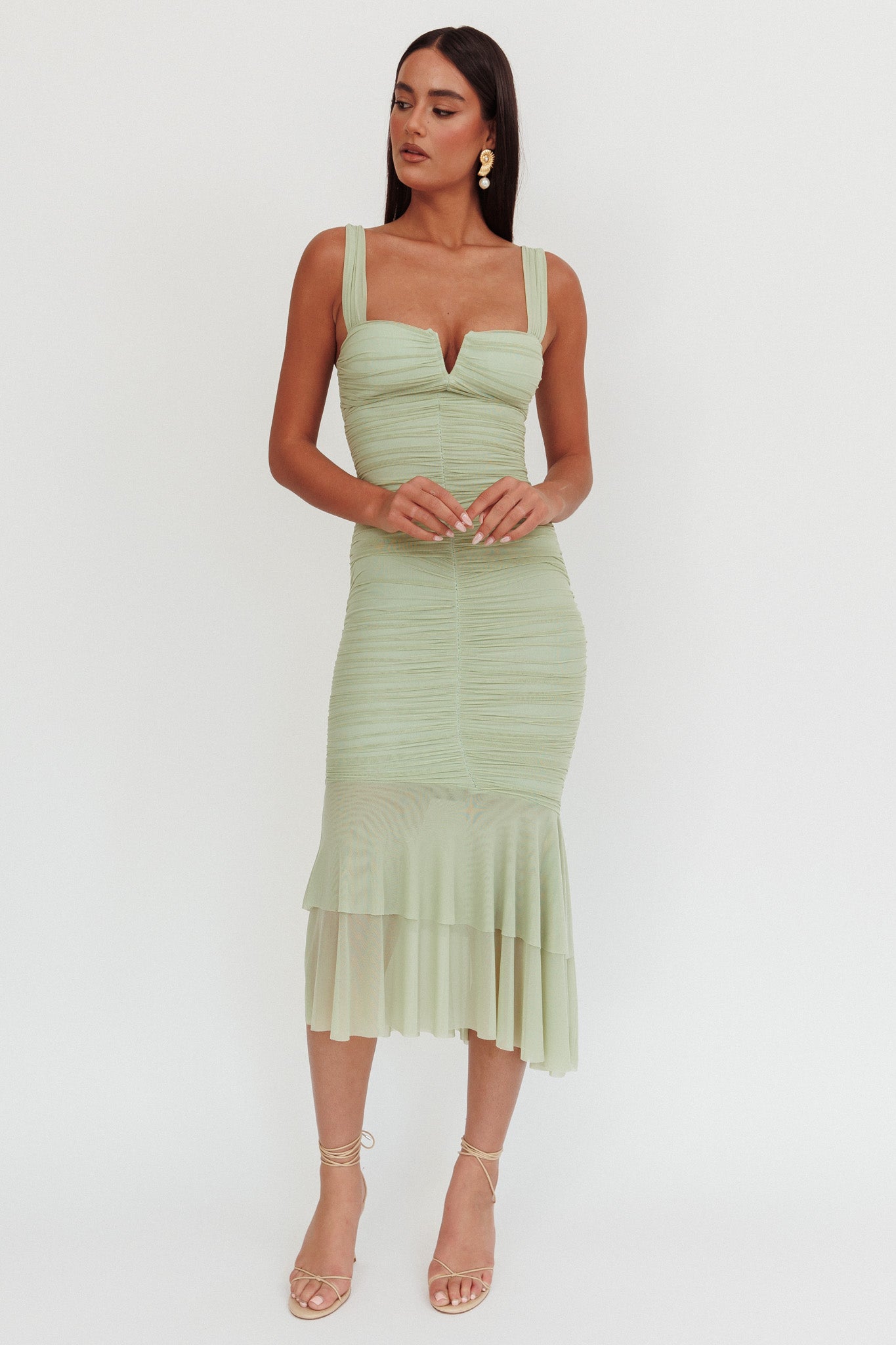 Nadia Ruched Fishtail Maxi Dress Pistachio by Selfie Leslie