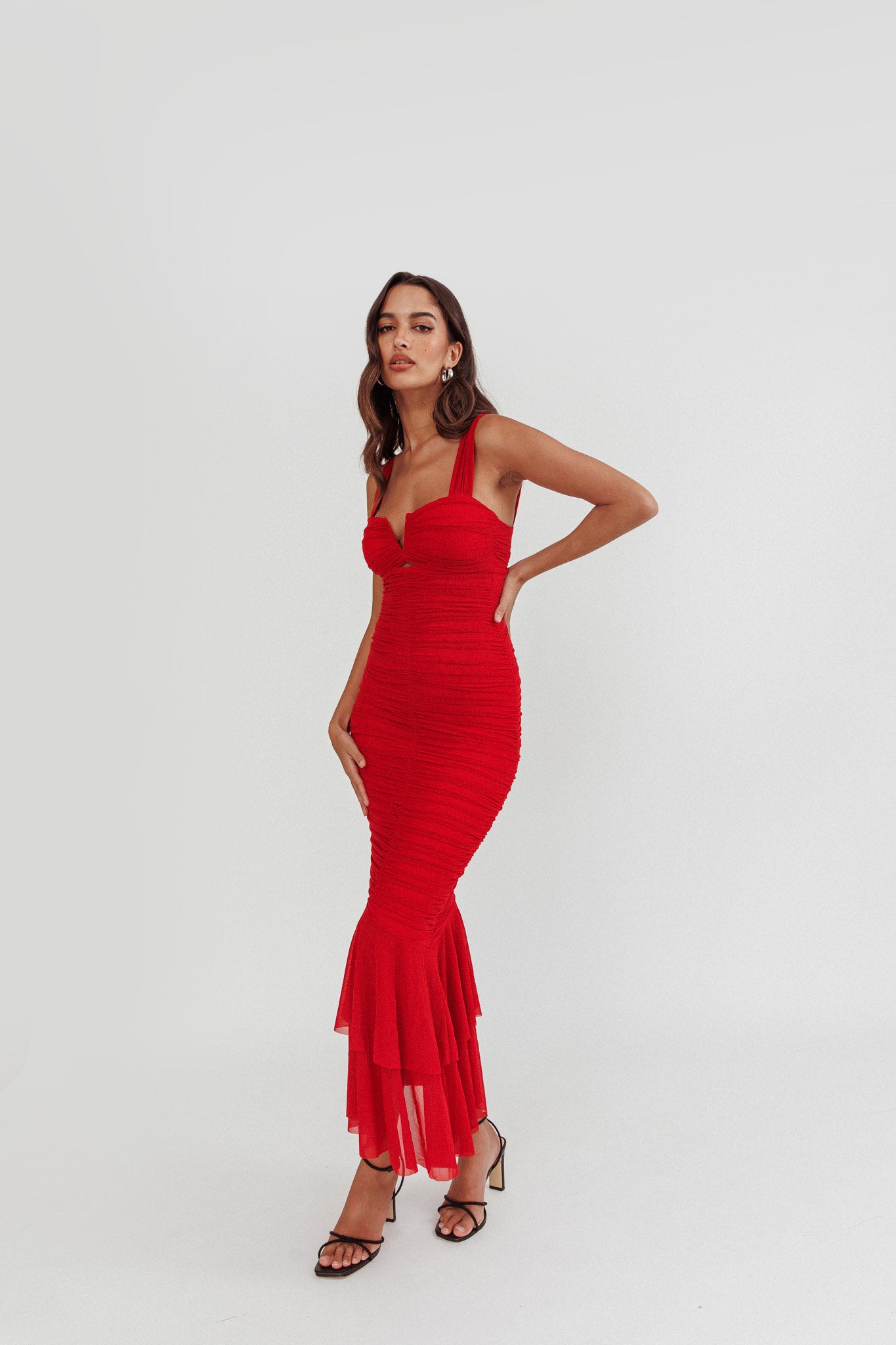 open lace back dress Nadia Ruched Fishtail Maxi Dress Red– Selfie Leslie