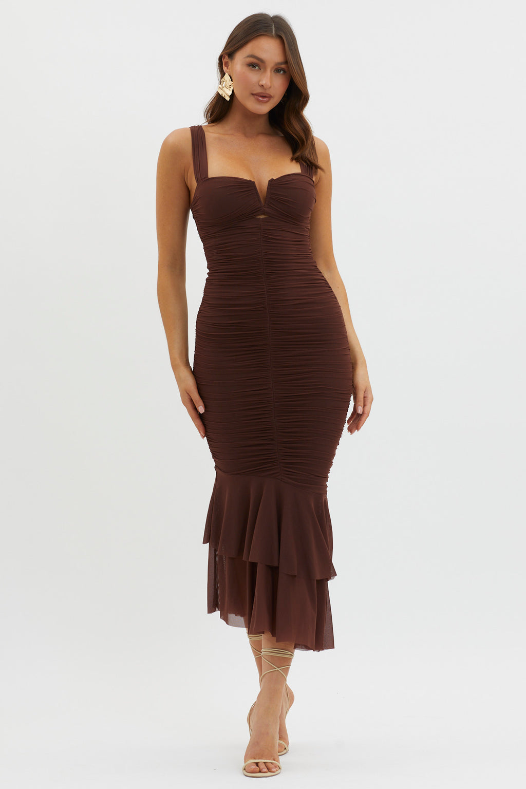 Nadia Ruched Fishtail Maxi Dress Chocolate by Selfie Leslie