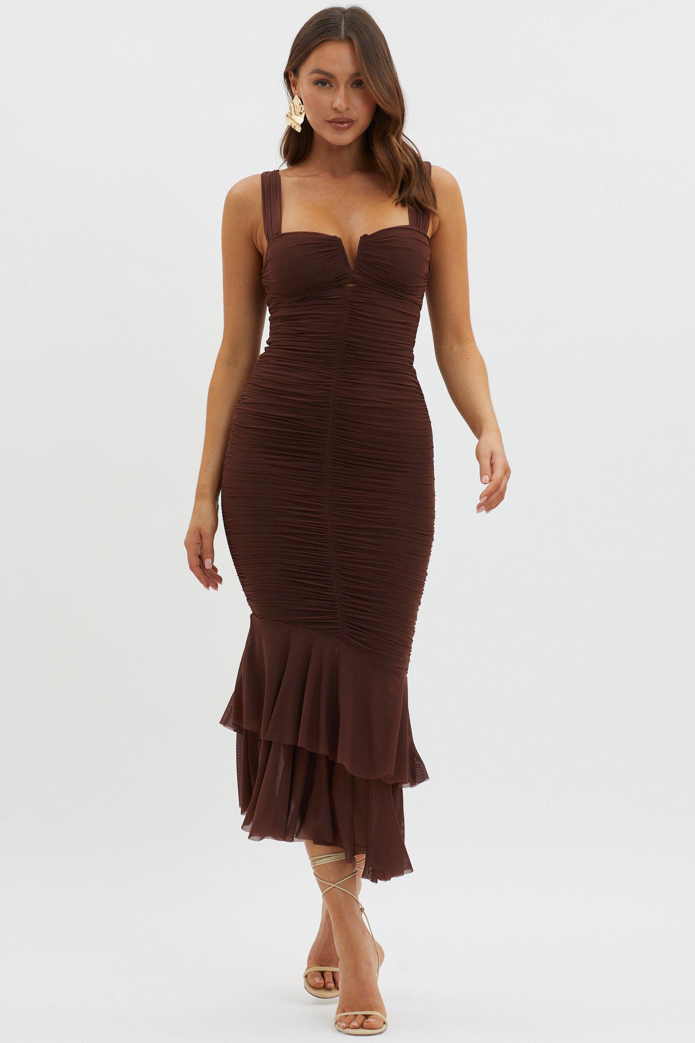 Nadia Ruched Fishtail Maxi Dress Chocolate by Selfie Leslie