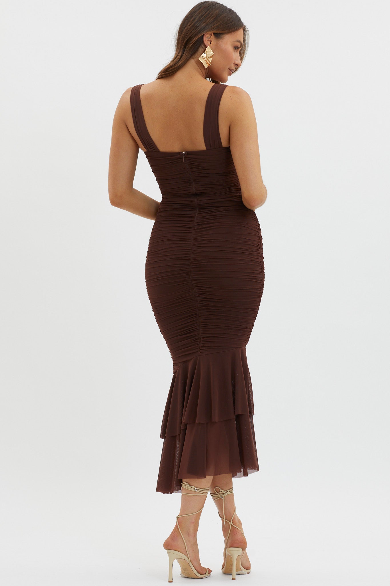 Nadia Ruched Fishtail Maxi Dress Chocolate by Selfie Leslie