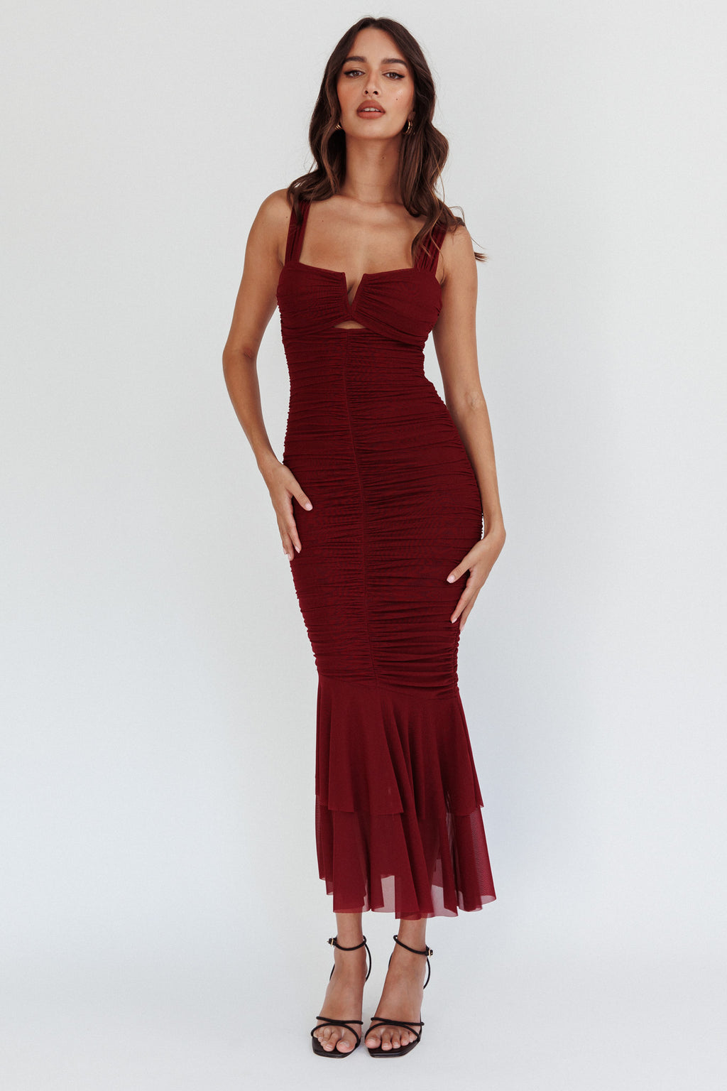 Nadia Ruched Fishtail Maxi Dress Dark Mauve by Selfie Leslie