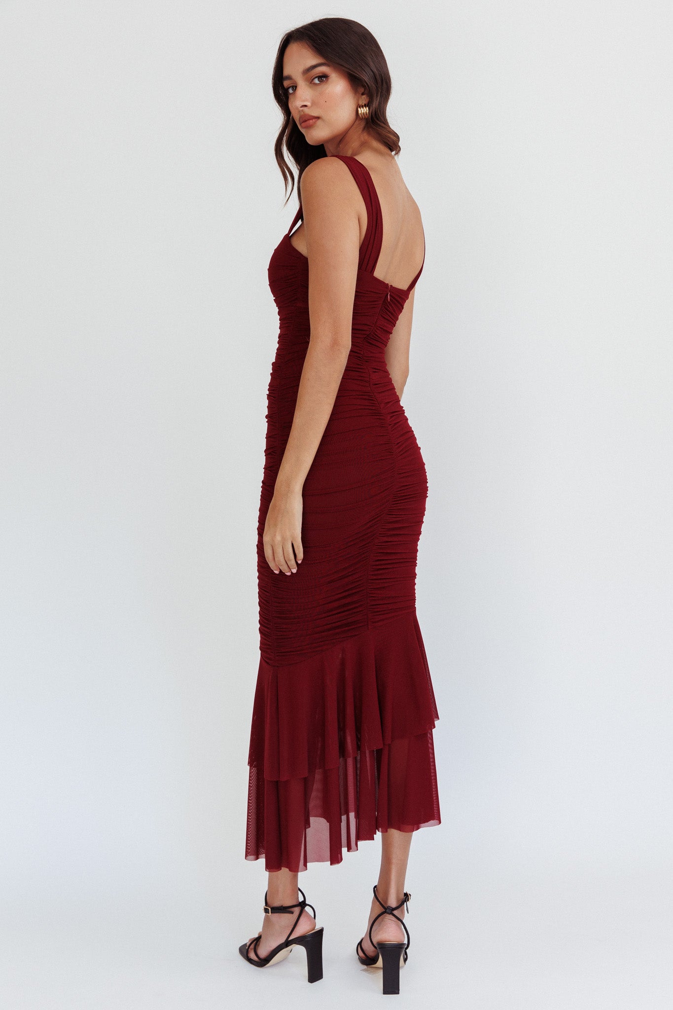 Nadia Ruched Fishtail Maxi Dress Dark Mauve | Selfie Leslie Nadia Ruched Fishtail Maxi Dress Dark Mauve | Selfie Leslie