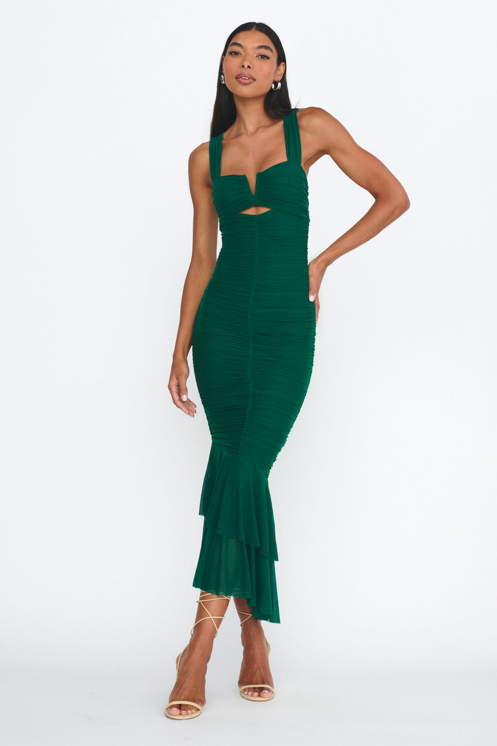 Nadia Ruched Fishtail Maxi Dress Green by Selfie Leslie