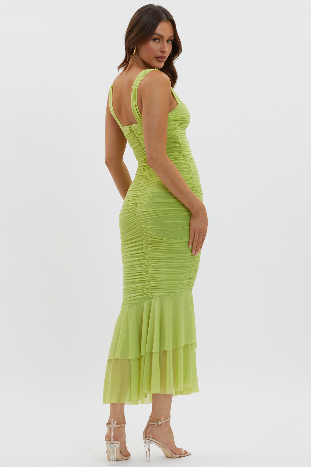 Nadia Ruched Fishtail Maxi Dress Lime by Selfie Leslie