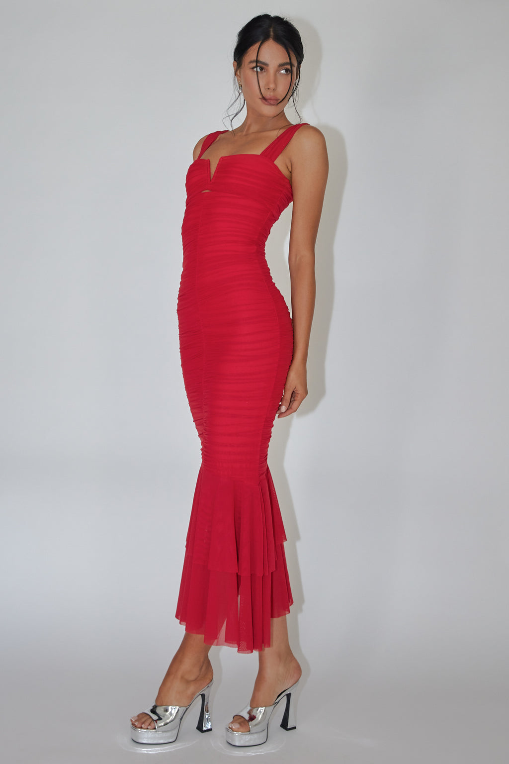 Nadia Ruched Fishtail Maxi Dress Red by Selfie Leslie