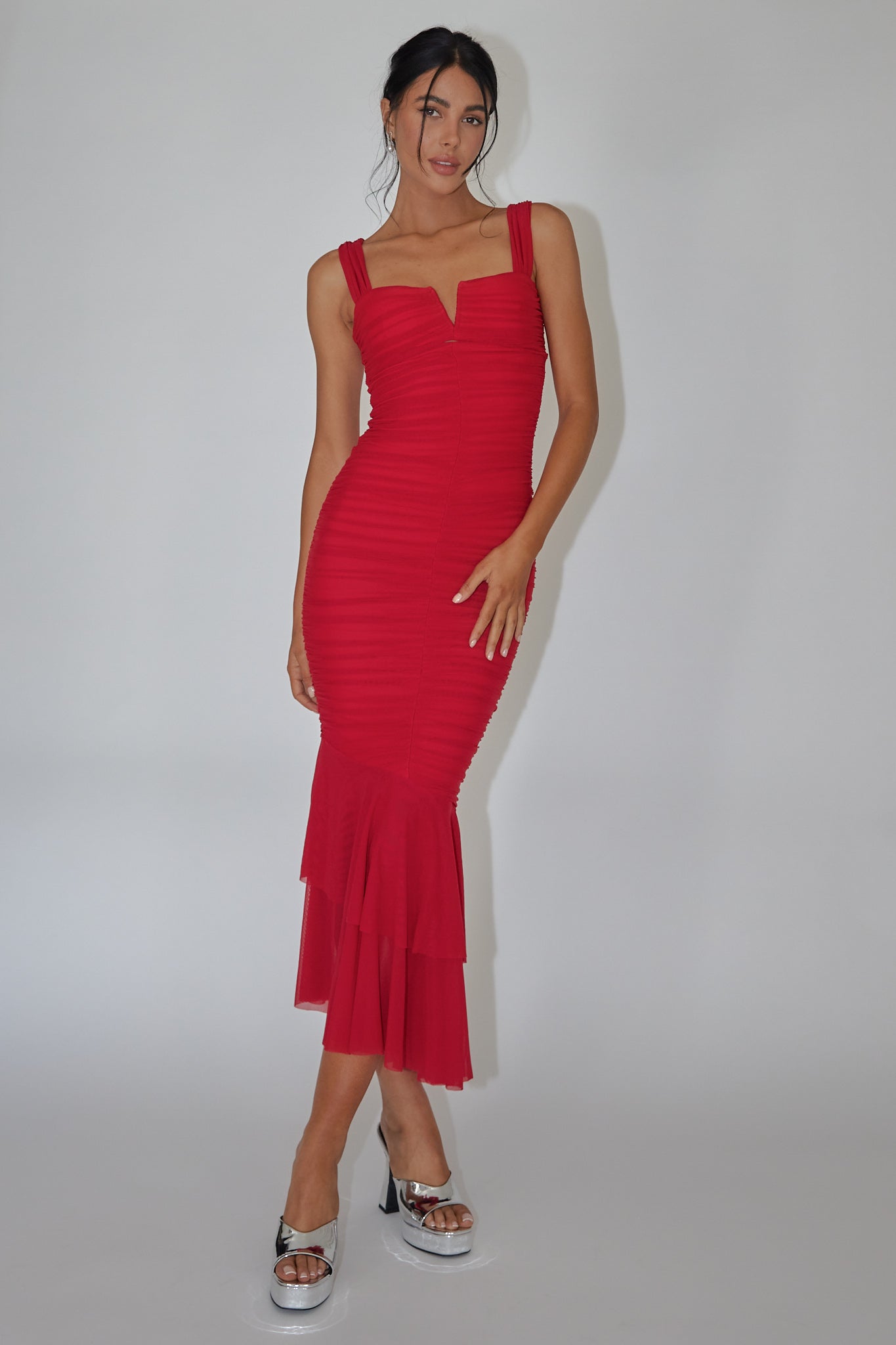 red strappy tie waist fishtail midi dress Nadia Ruched Fishtail Maxi Dress Red