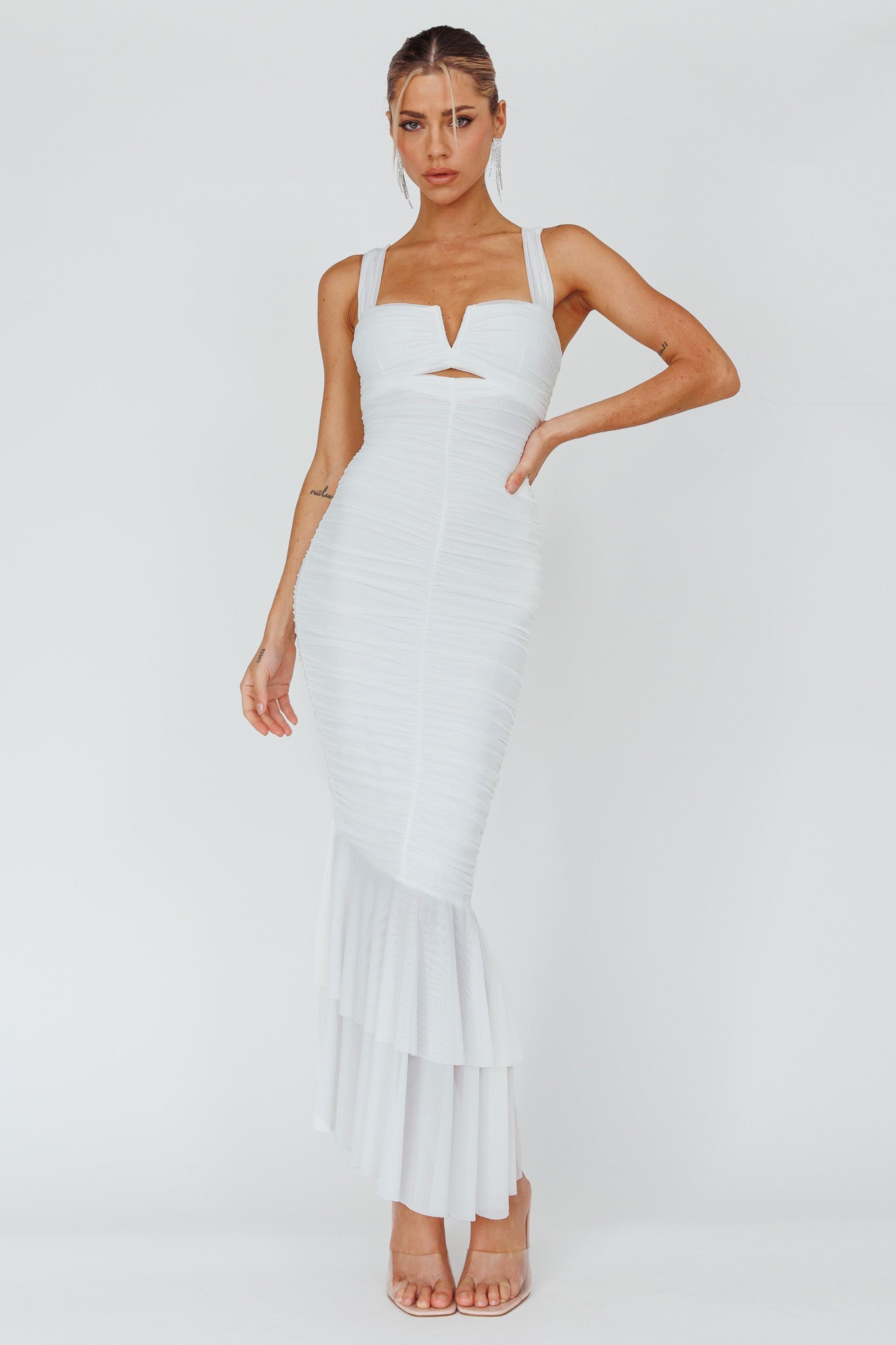 Nadia Ruched Fishtail Maxi Dress White | Selfie Leslie