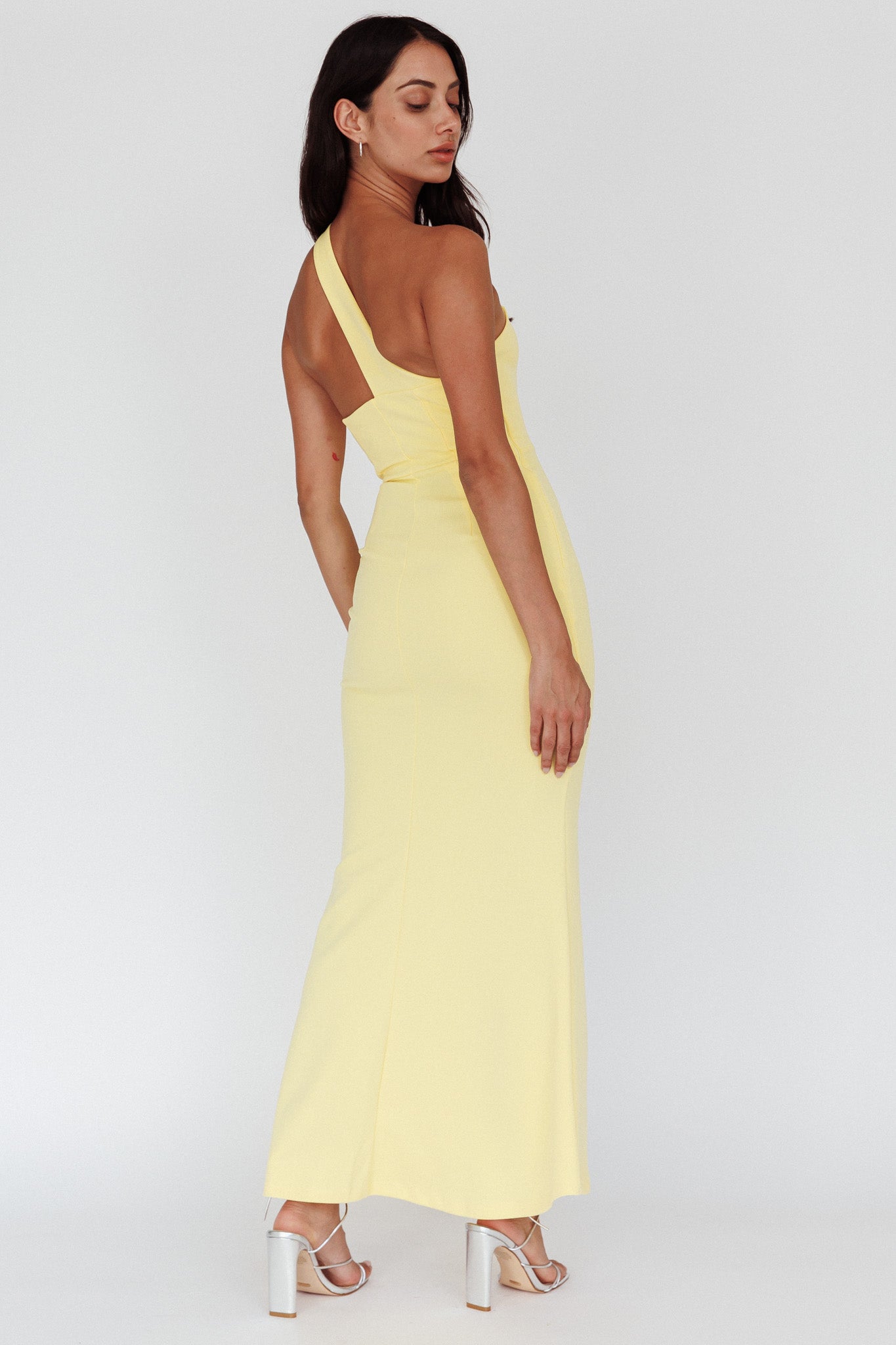 selfie leslie yellow dress Veda Strappy Back Ruffle Midi Floral MATERIAL POLYESTER/SPANDEX Shooting Stars One-Shoulder Maxi Dress