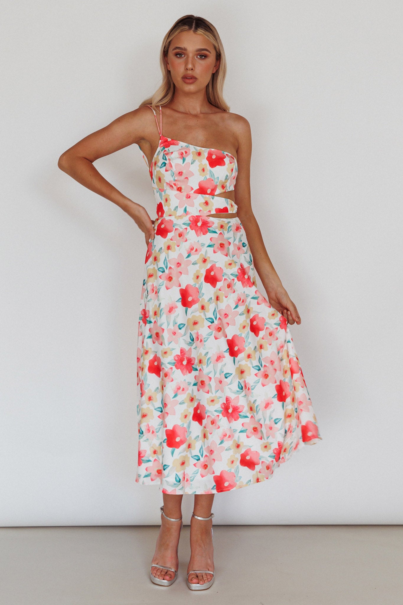 Halia One-Shoulder A-Line Midi Dress Floral Pink by Selfie Leslie