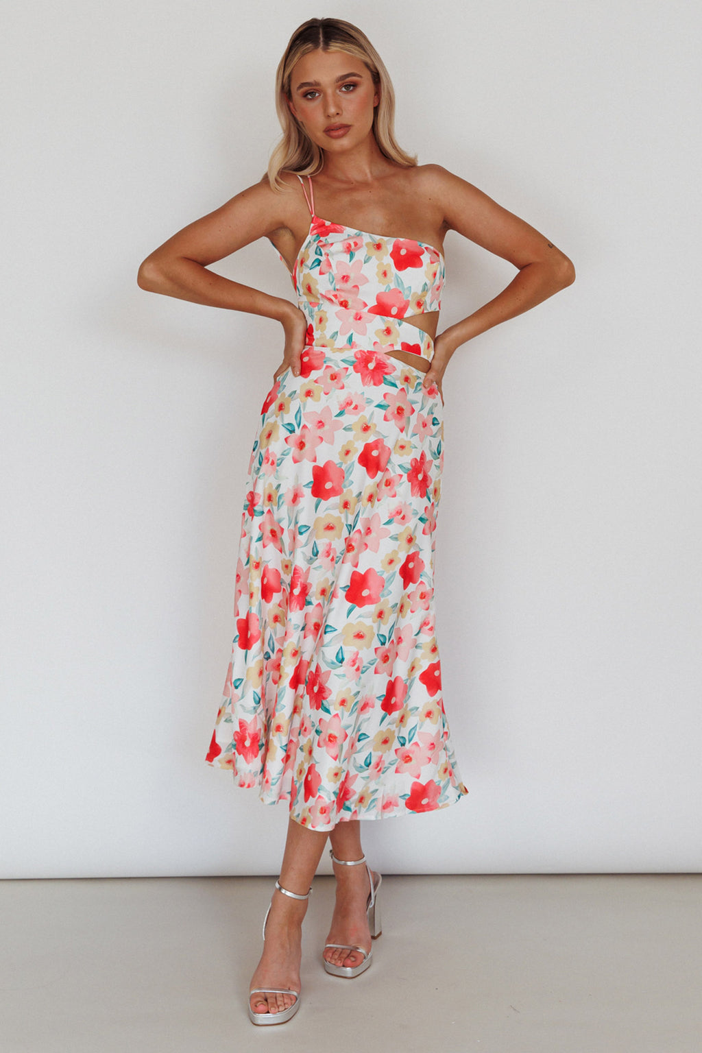 Halia One-Shoulder A-Line Midi Dress Floral Pink by Selfie Leslie