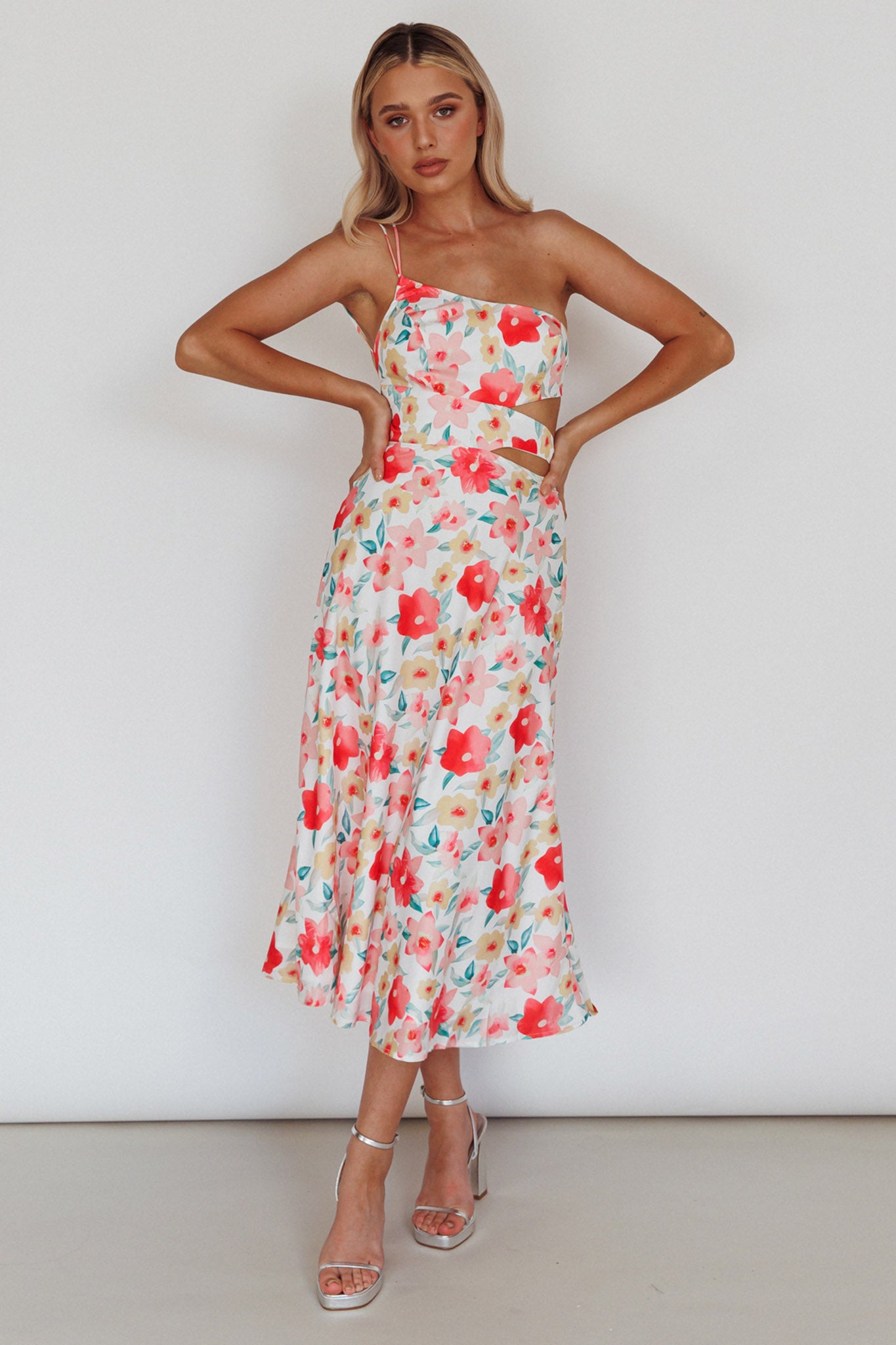 Halia One-Shoulder A-Line Midi Dress Floral Pink by Selfie Leslie
