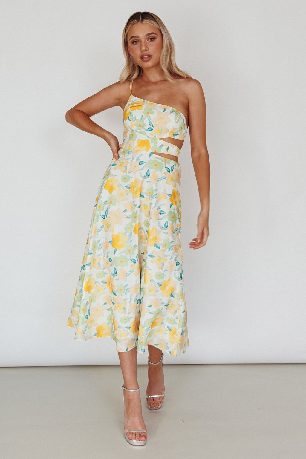 Halia One-Shoulder A-Line Midi Dress Floral Yellow by Selfie Leslie