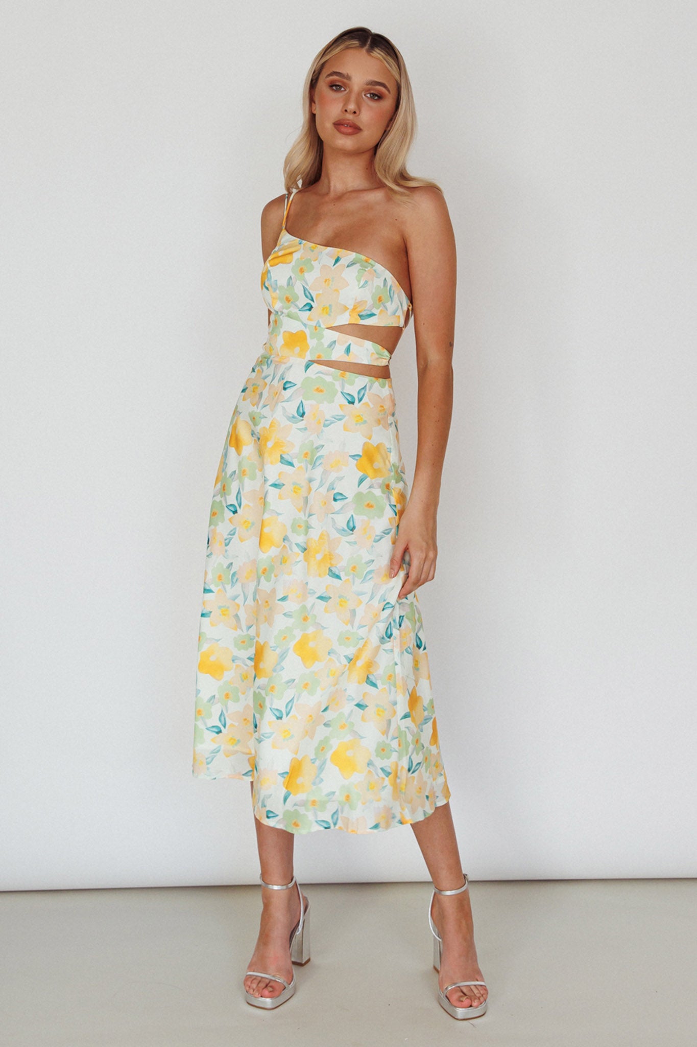 Halia One-Shoulder A-Line Midi Dress Floral Yellow by Selfie Leslie