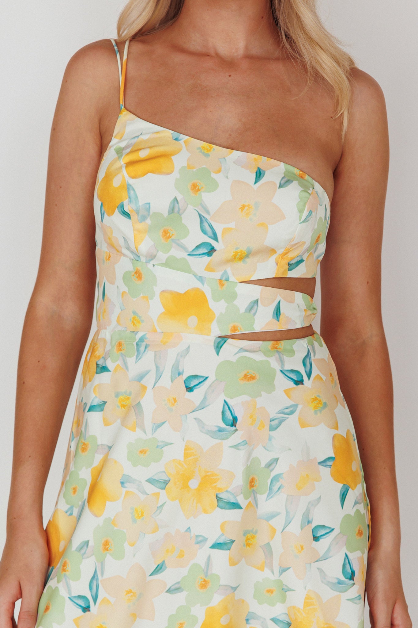 Halia One-Shoulder A-Line Midi Dress Floral Yellow by Selfie Leslie