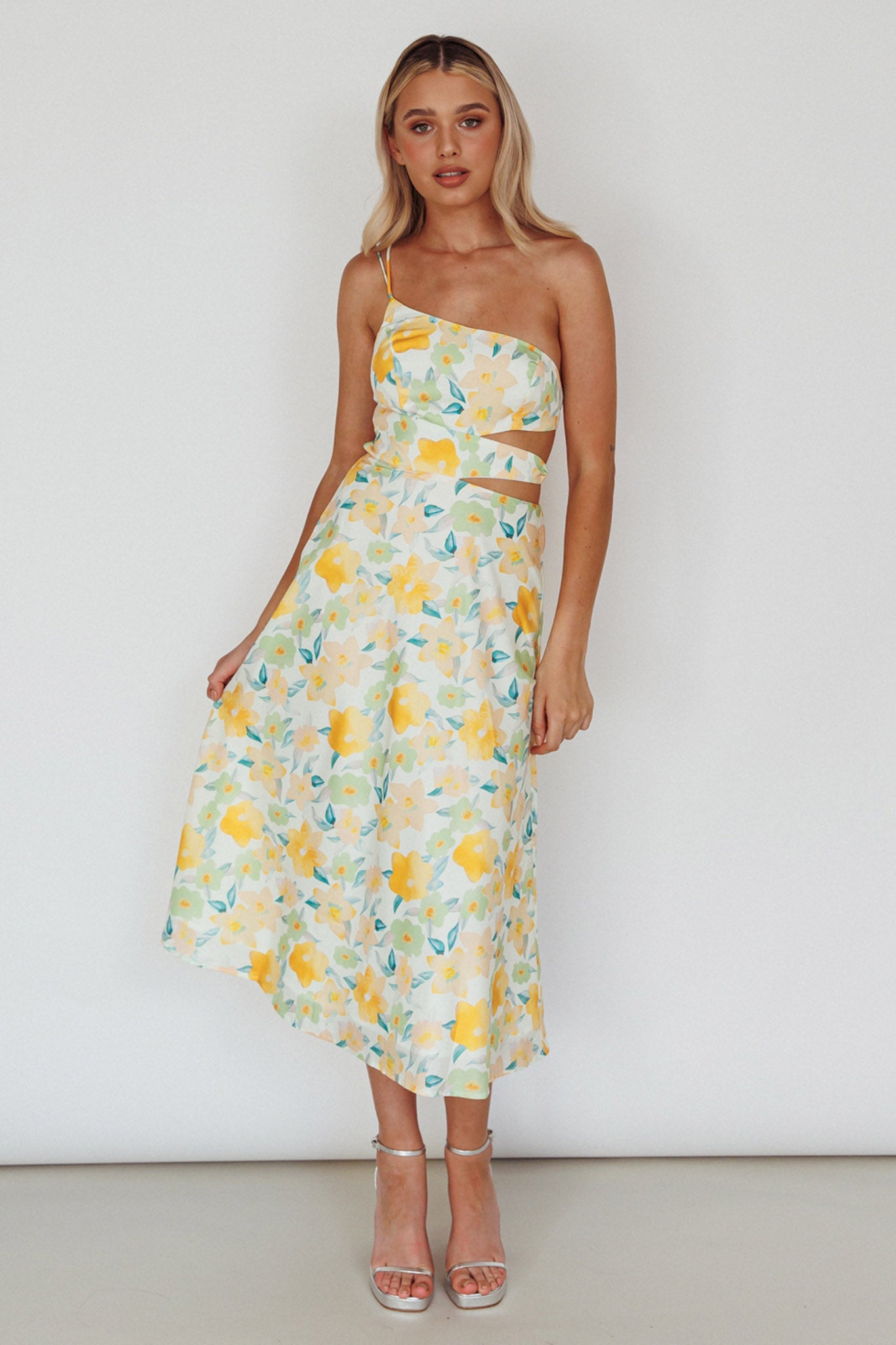 Halia One-Shoulder A-Line Midi Dress Floral Yellow by Selfie Leslie