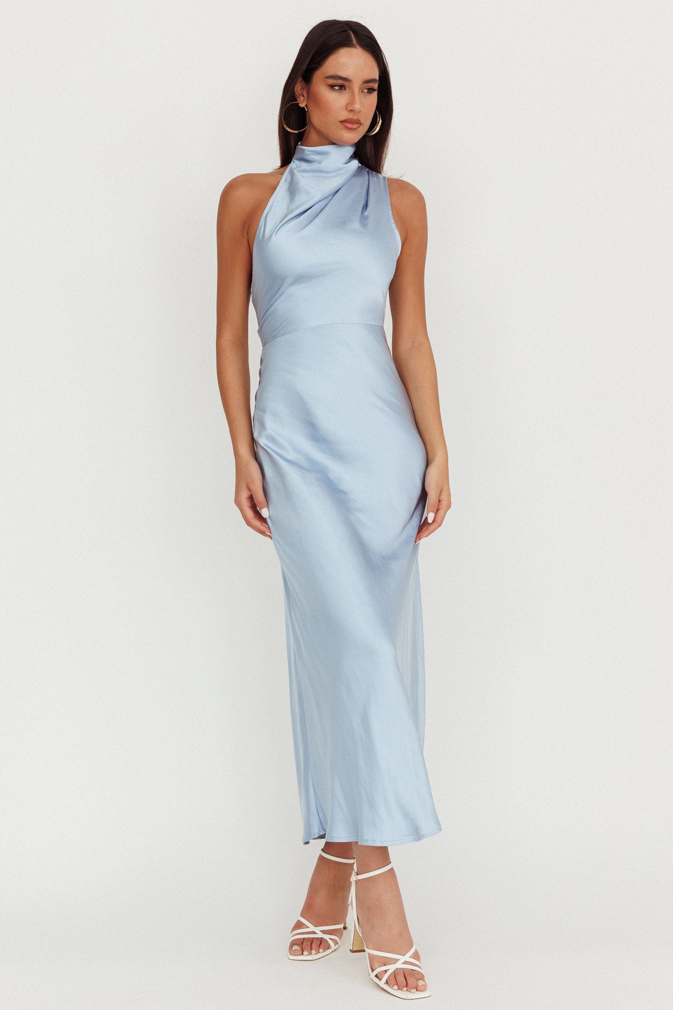 Sequin Dress Light Blue High Neck Dress Anabelle Halter Neck Lace Maxi  Dress Baby Blue