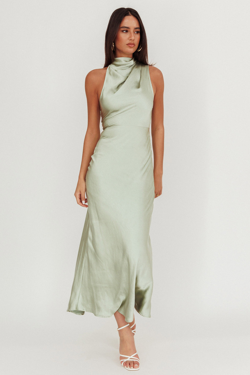 sage bridesmaid satin twist plunge halterneck maxi dress Bettina | Sage Plunge-Neck Maxi Dress With Gathered-Detailing Club L London