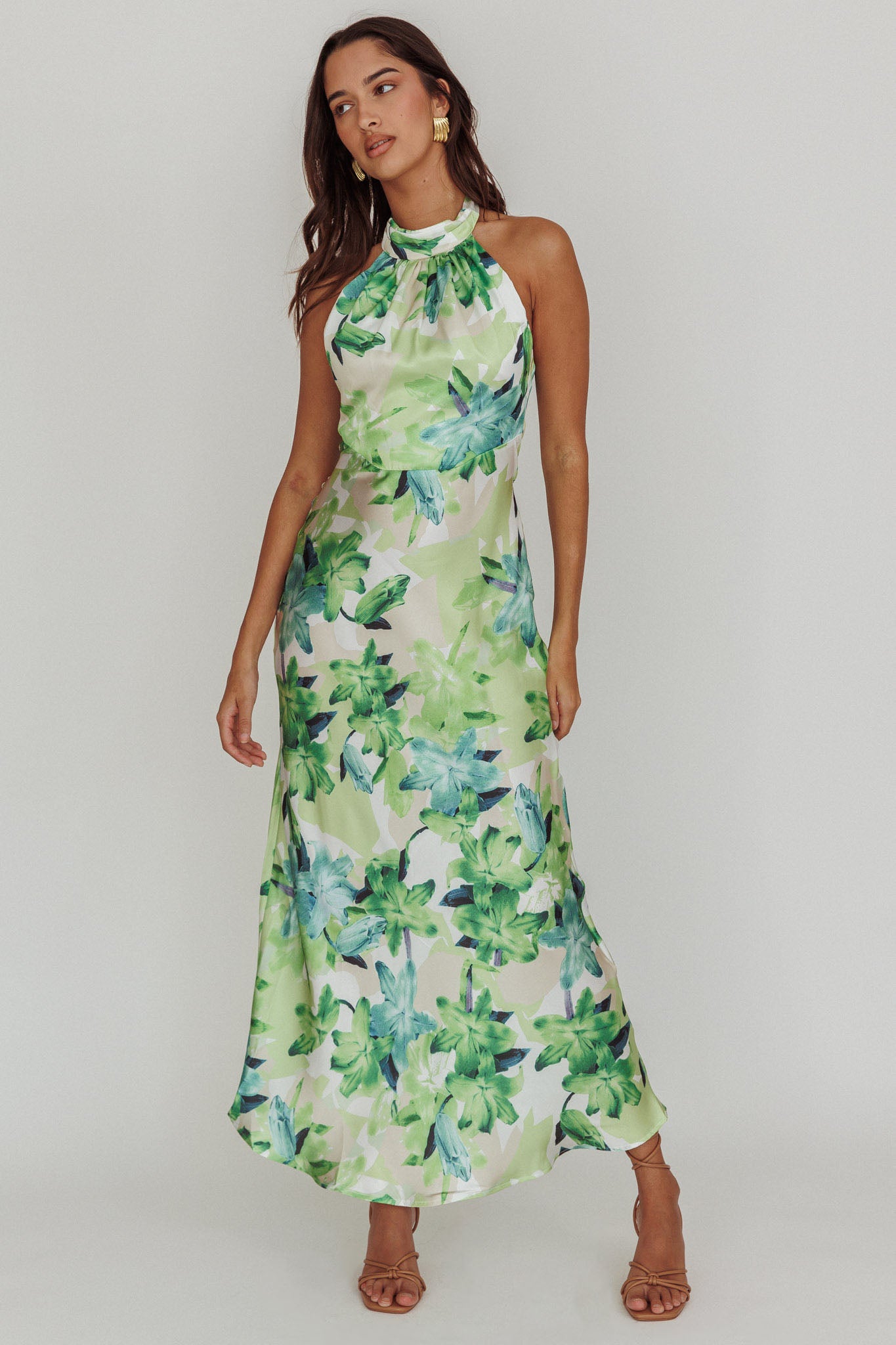 Shana Halterneck Maxi Dress Floral Green by Selfie Leslie