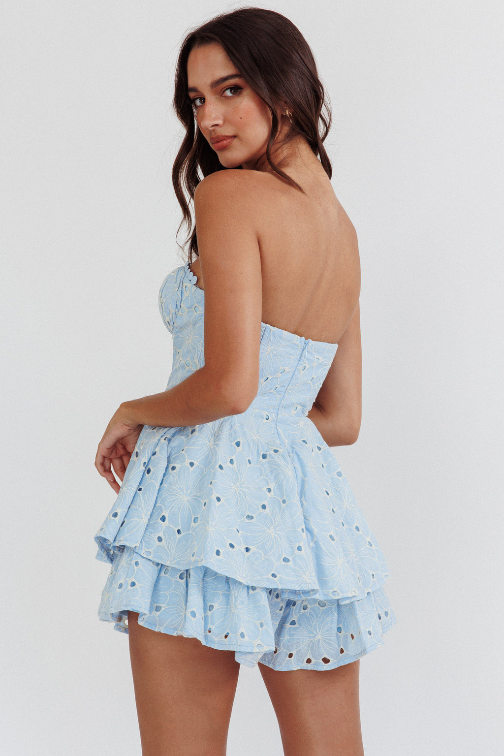 Paris Muse Gathered Bust Embroidered Romper Blue by Selfie Leslie