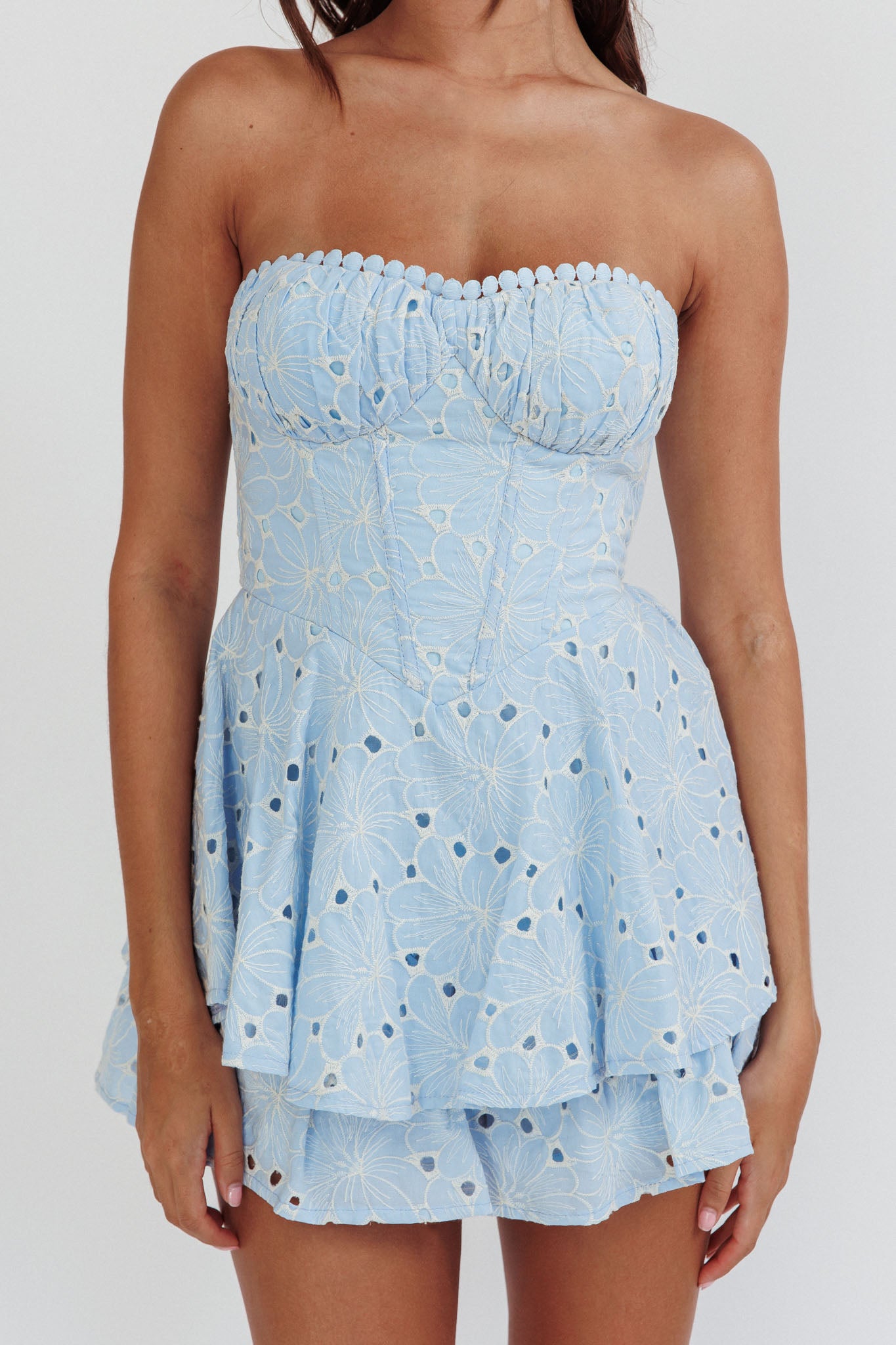 Paris Muse Gathered Bust Embroidered Romper Blue by Selfie Leslie