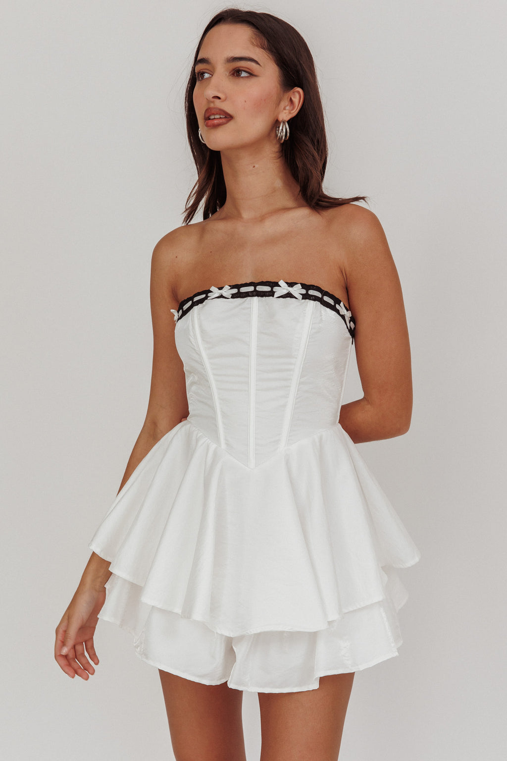 Paris Muse Ribbon Neckline Romper White by Selfie Leslie