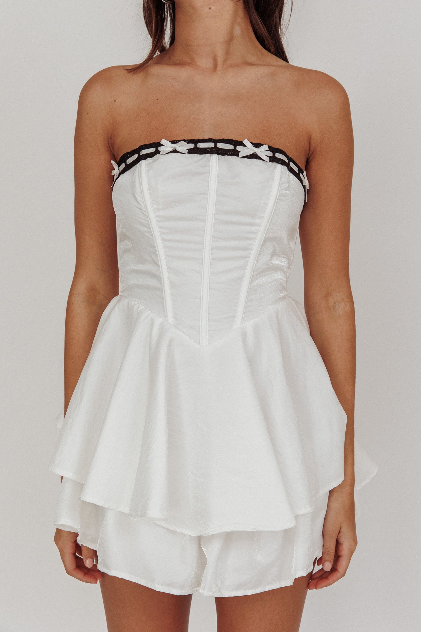 Paris Muse Ribbon Neckline Romper White by Selfie Leslie