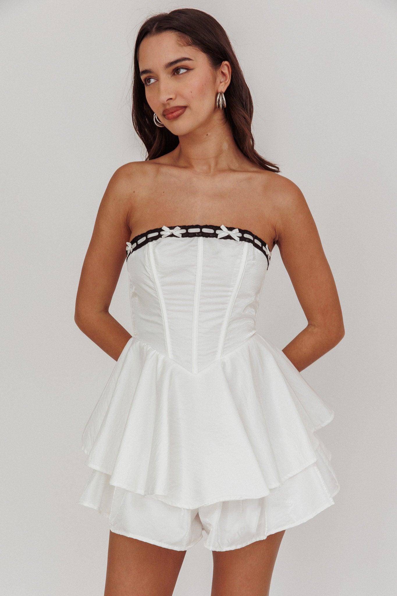 Paris Muse Ribbon Neckline Romper White by Selfie Leslie