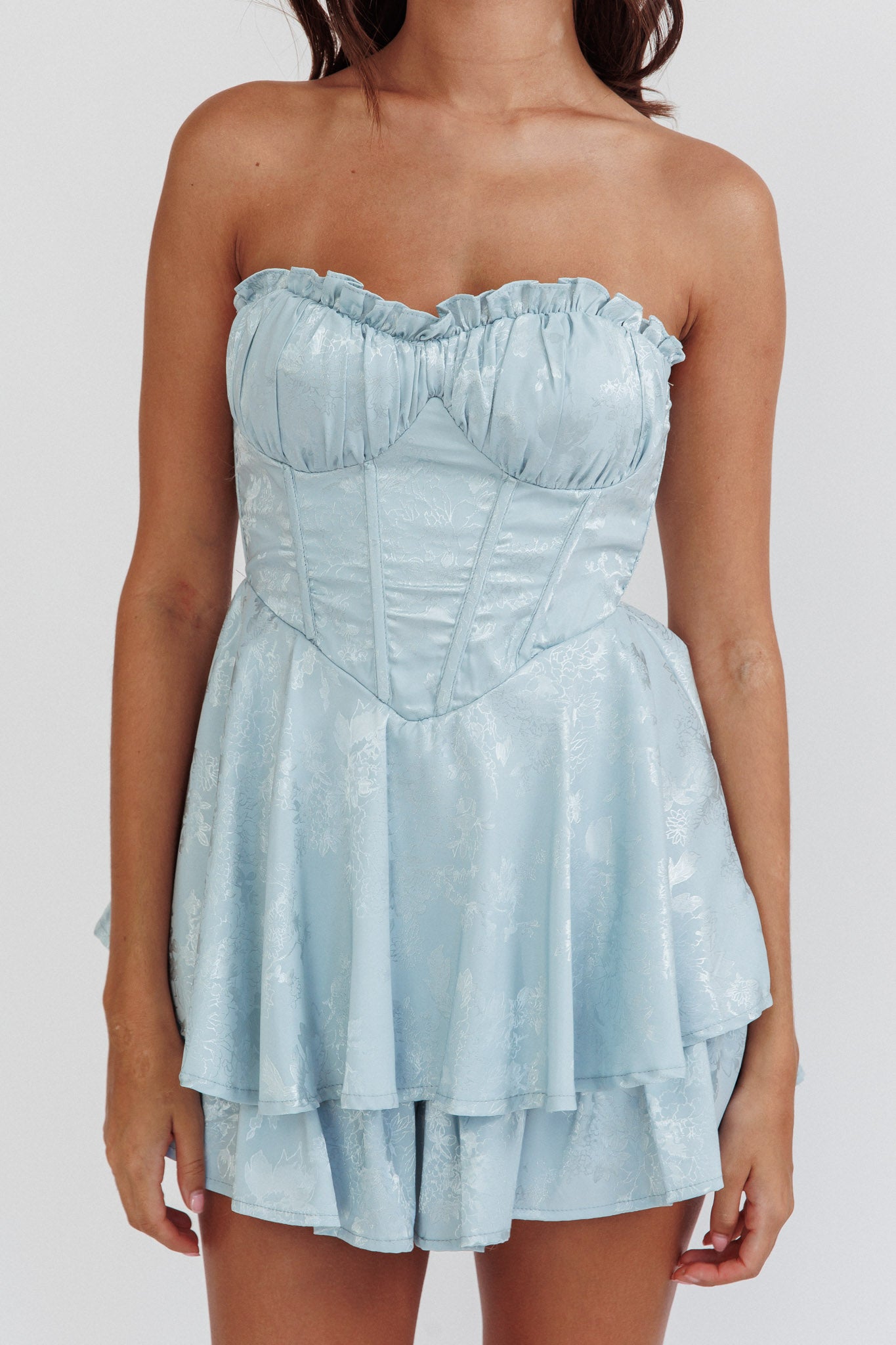 Paris Muse Gathered Bust Romper Baby Blue by Selfie Leslie