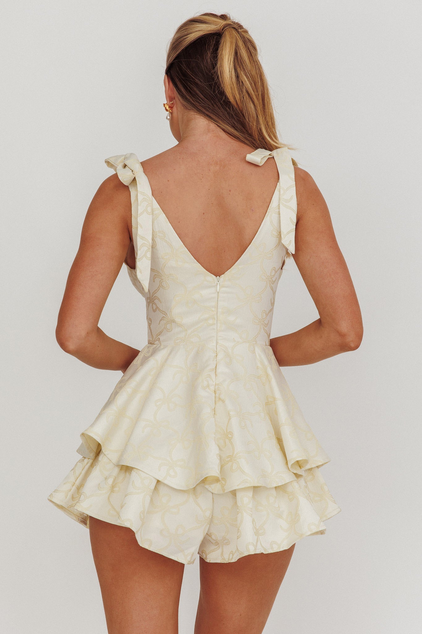 Paris Muse Tied Shoulders Ruffle Romper Butter by Selfie Leslie