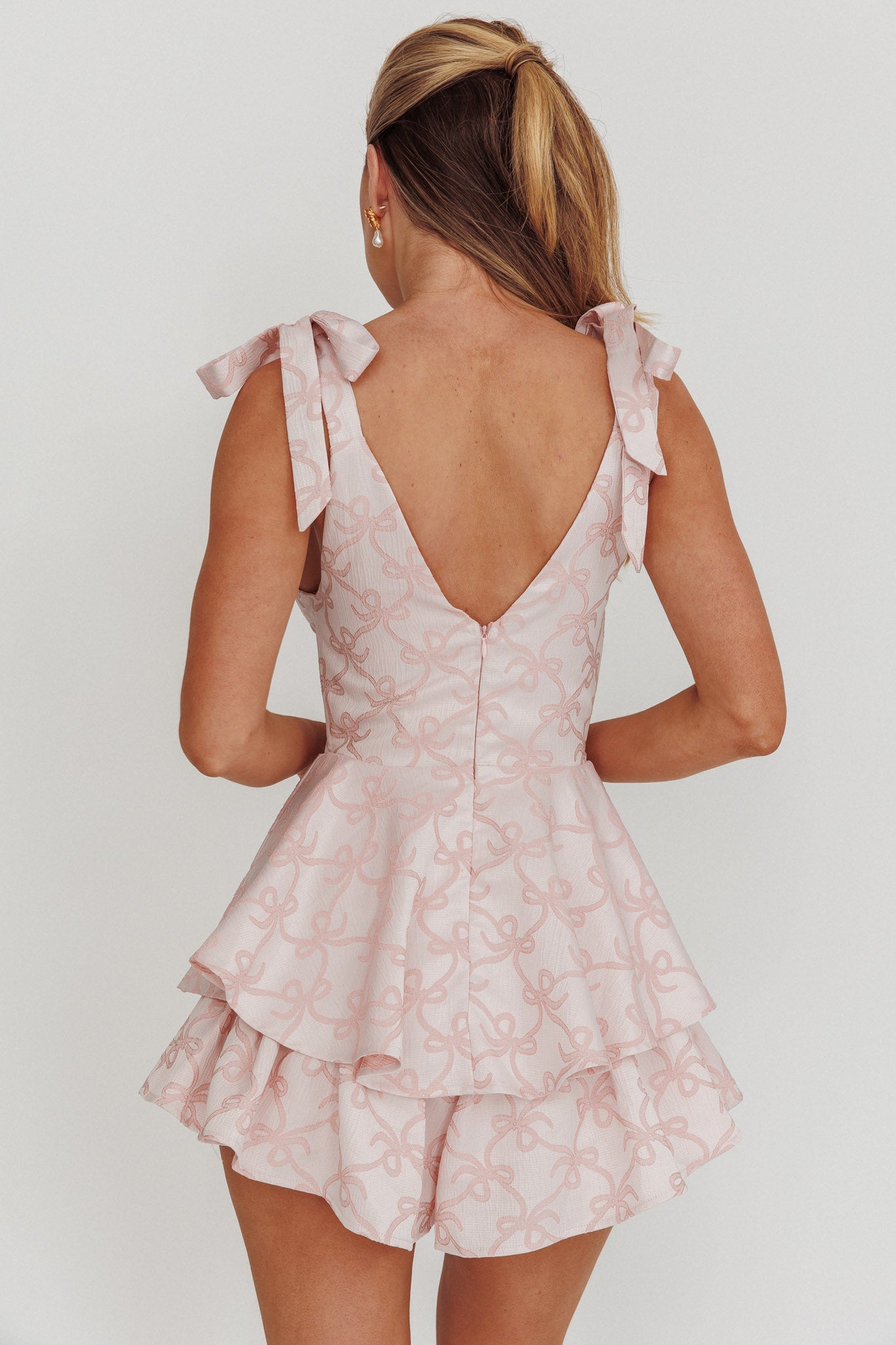 Paris Muse Tied Shoulders Ruffle Romper Pink by Selfie Leslie