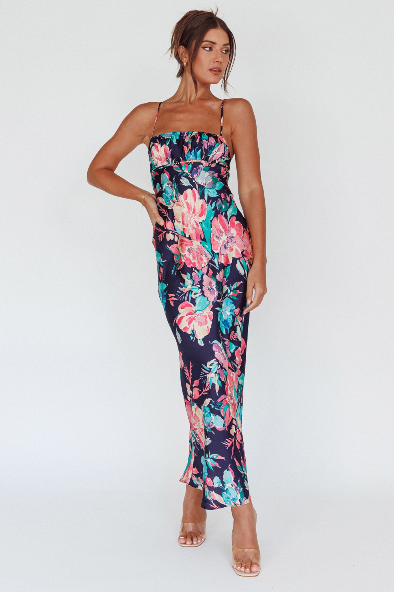 From Above V-Back Midi Dress Floral Navy by Selfie Leslie