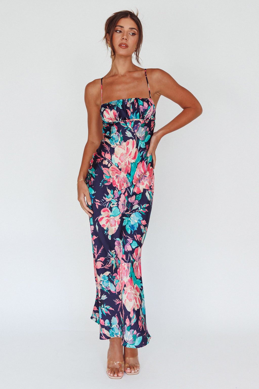 From Above V-Back Midi Dress Floral Navy by Selfie Leslie