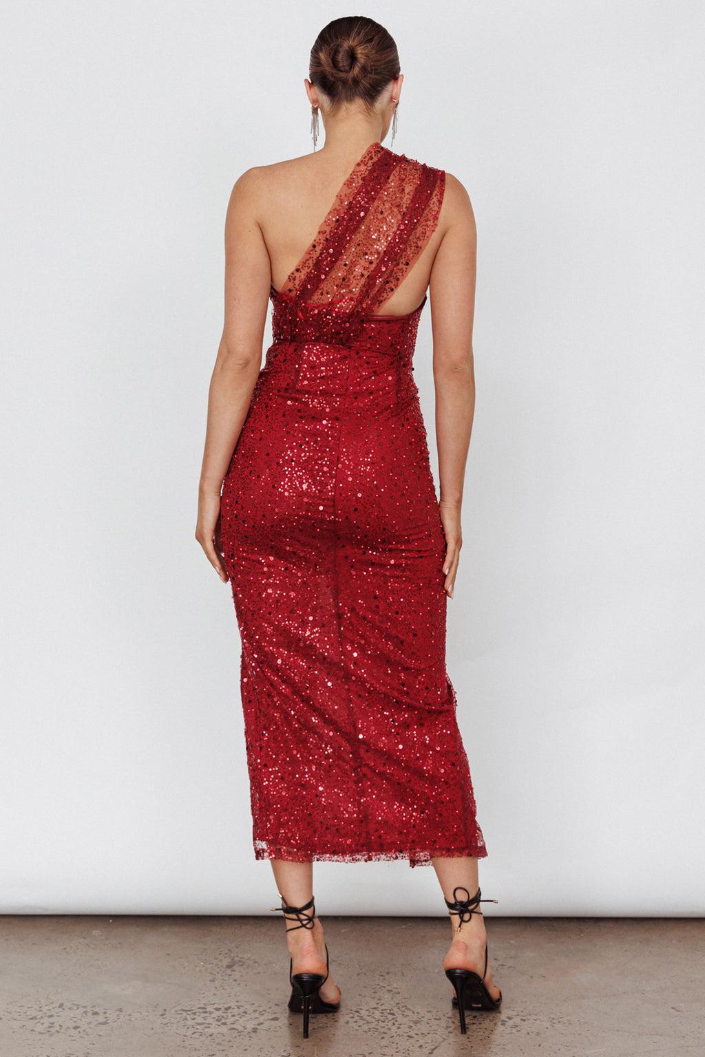 Doniella One-Shoulder Split Sequin Maxi Dress Wine by Selfie Leslie