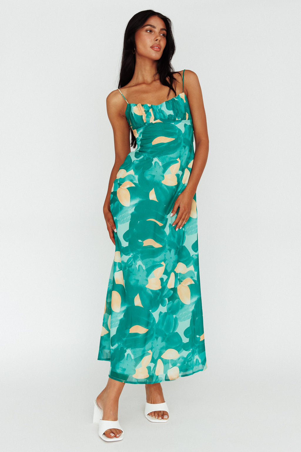 Nerida Twist Back Maxi Dress Print Green by Selfie Leslie