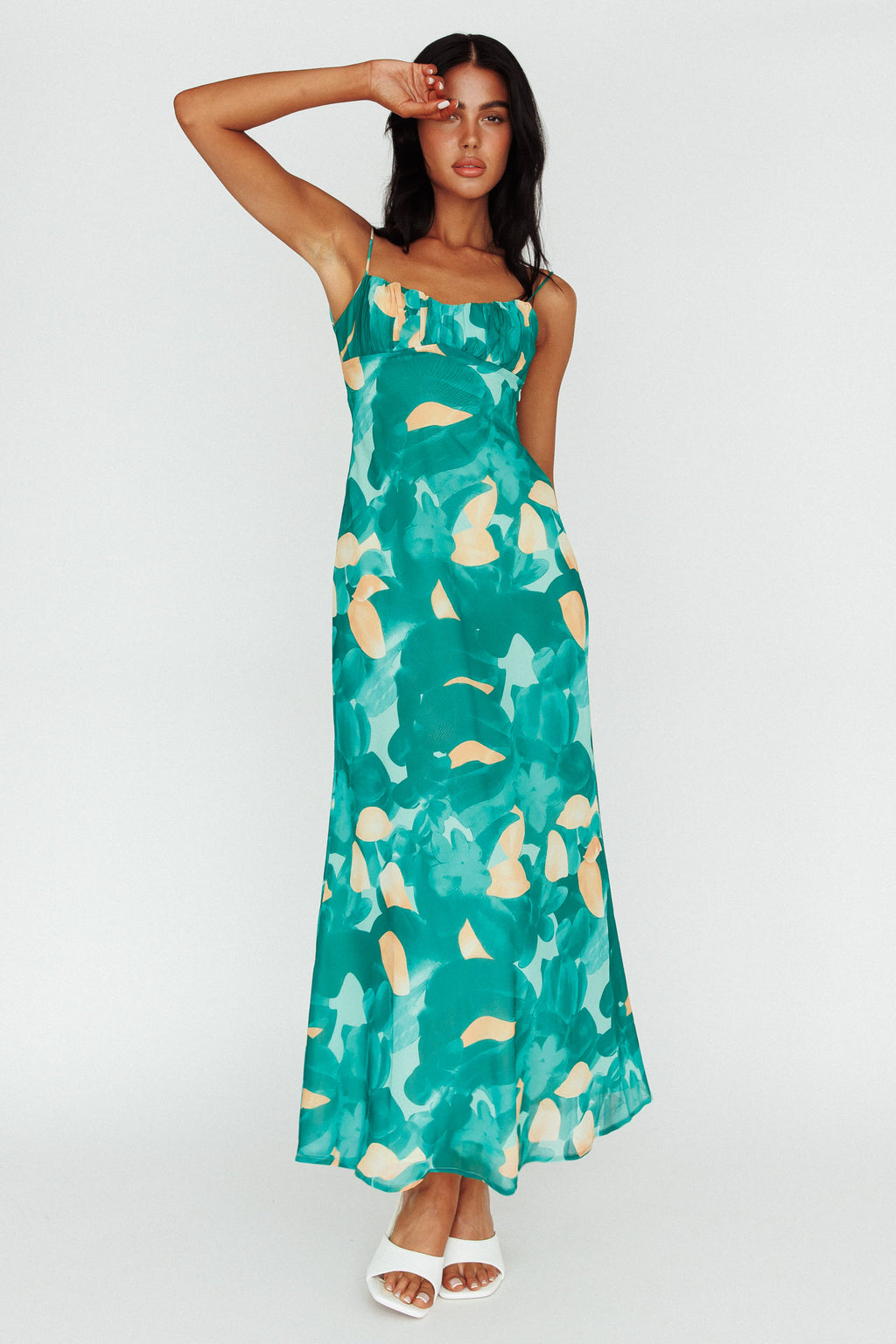 Nerida Twist Back Maxi Dress Print Green by Selfie Leslie