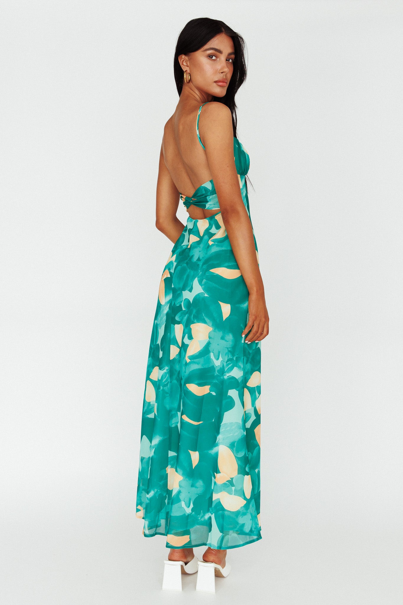 Nerida Twist Back Maxi Dress Print Green by Selfie Leslie