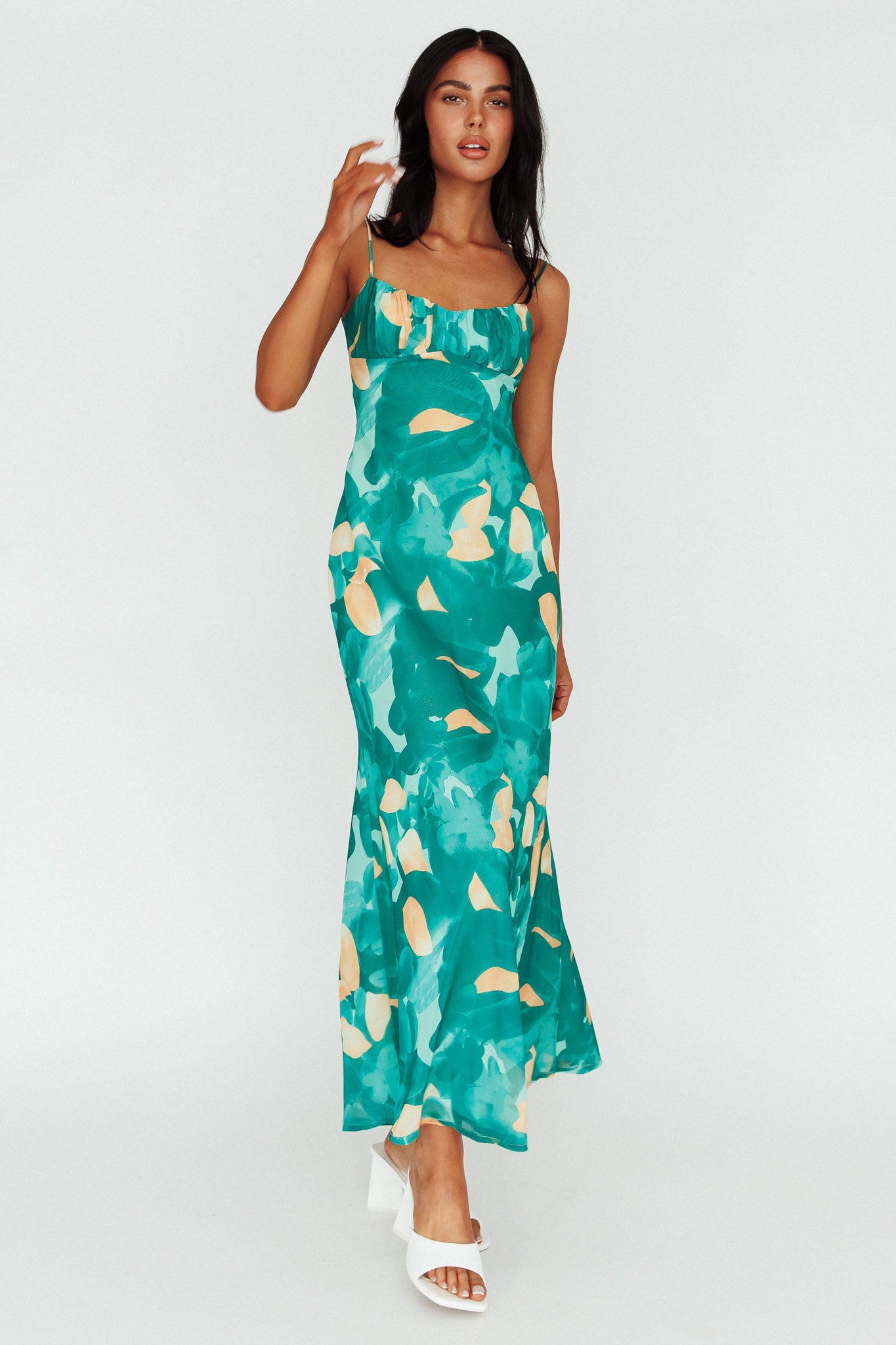 Nerida Twist Back Maxi Dress Print Green by Selfie Leslie