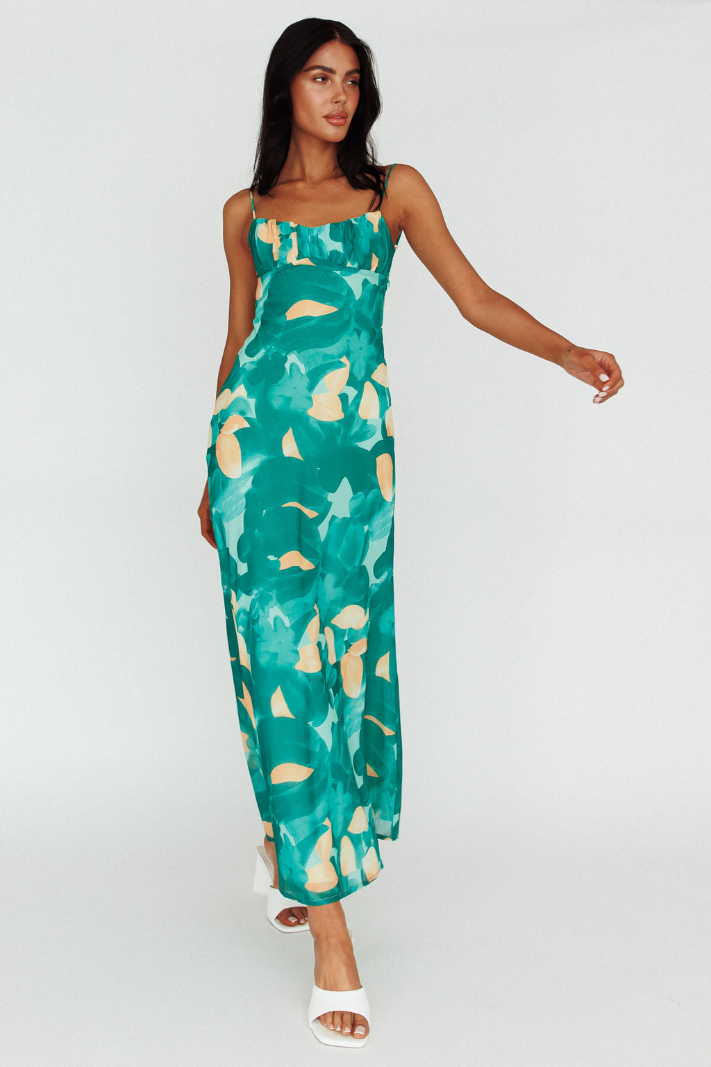 Nerida Twist Back Maxi Dress Print Green by Selfie Leslie