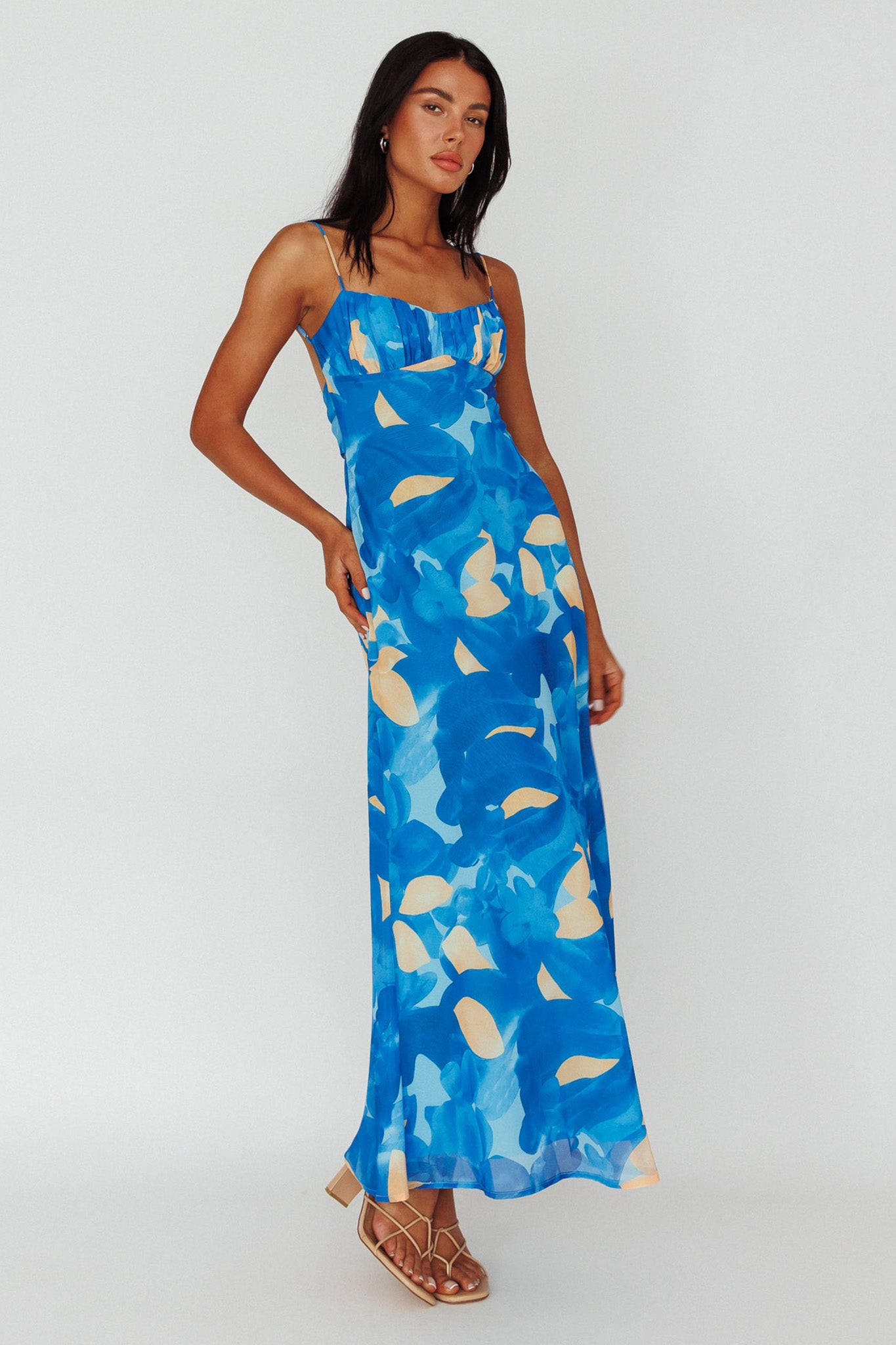 Nerida Twist Back Maxi Dress Print Blue by Selfie Leslie