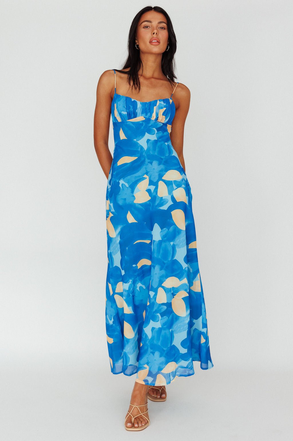 Nerida Twist Back Maxi Dress Print Blue by Selfie Leslie