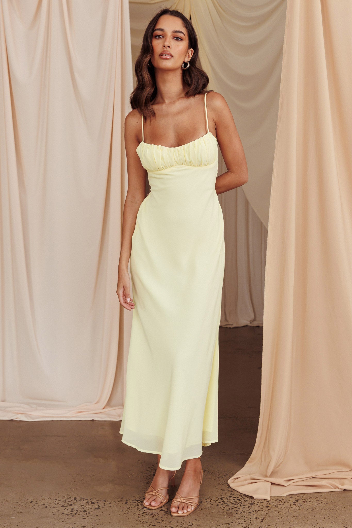Nerida Twist Back Satin Maxi Dress Lemon