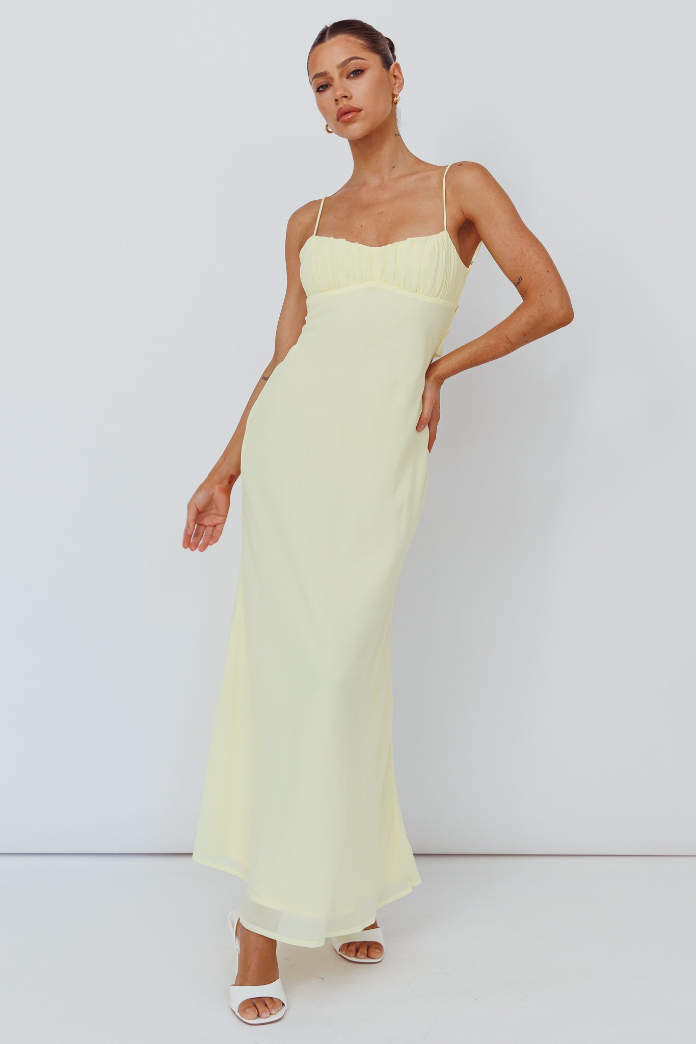 nerida twist back satin maxi dress lemon Nerida Twist Back Maxi Dress Lemon
