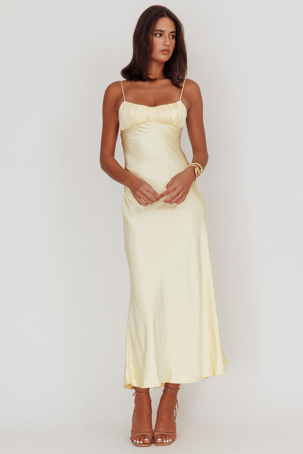 Nerida Twist Back Satin Maxi Dress Lemon by Selfie Leslie