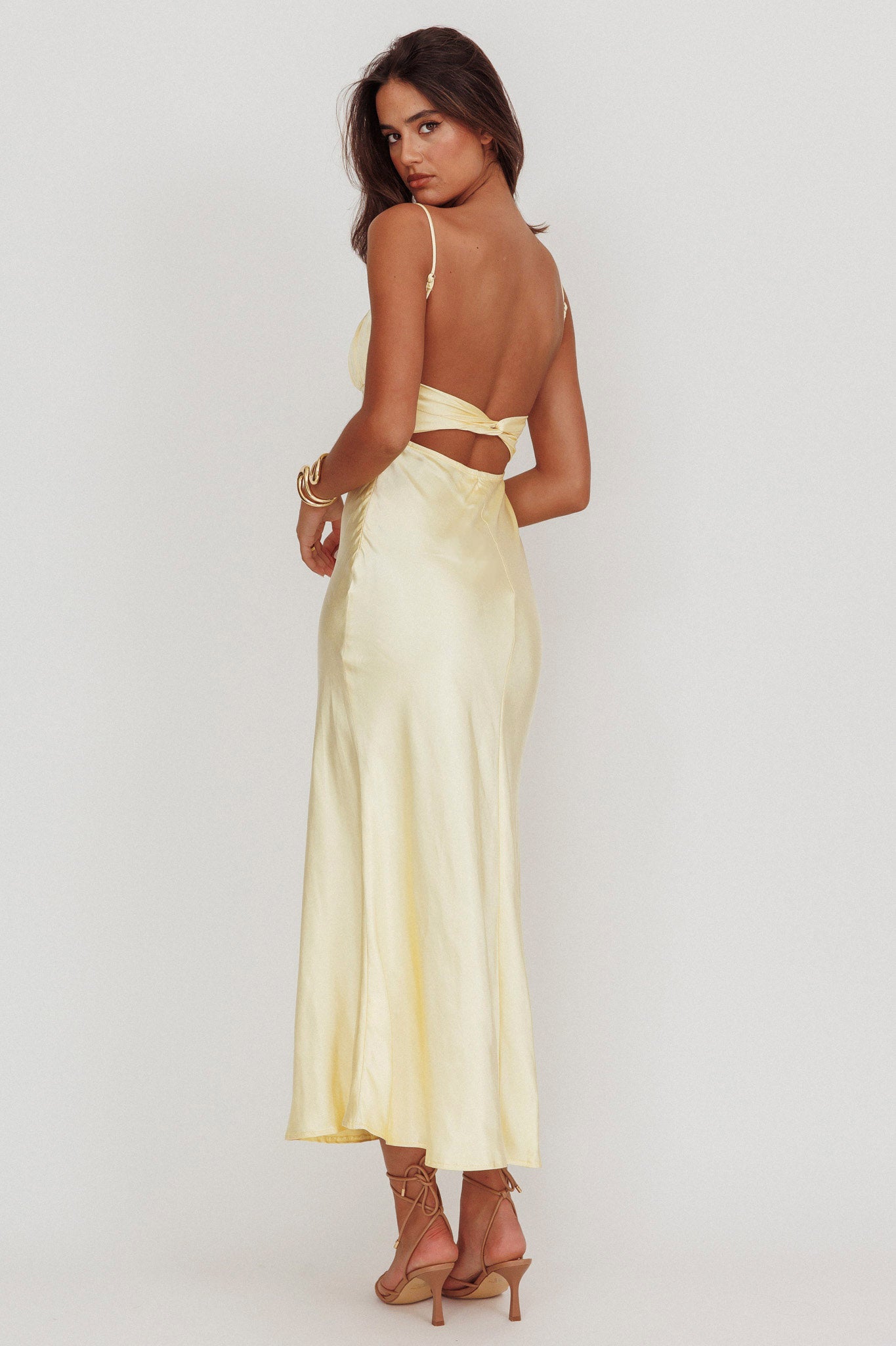 Nerida Twist Back Satin Maxi Dress Lemon | Selfie Leslie Nerida Twist Back Satin Maxi Dress Lemon | Selfie Leslie