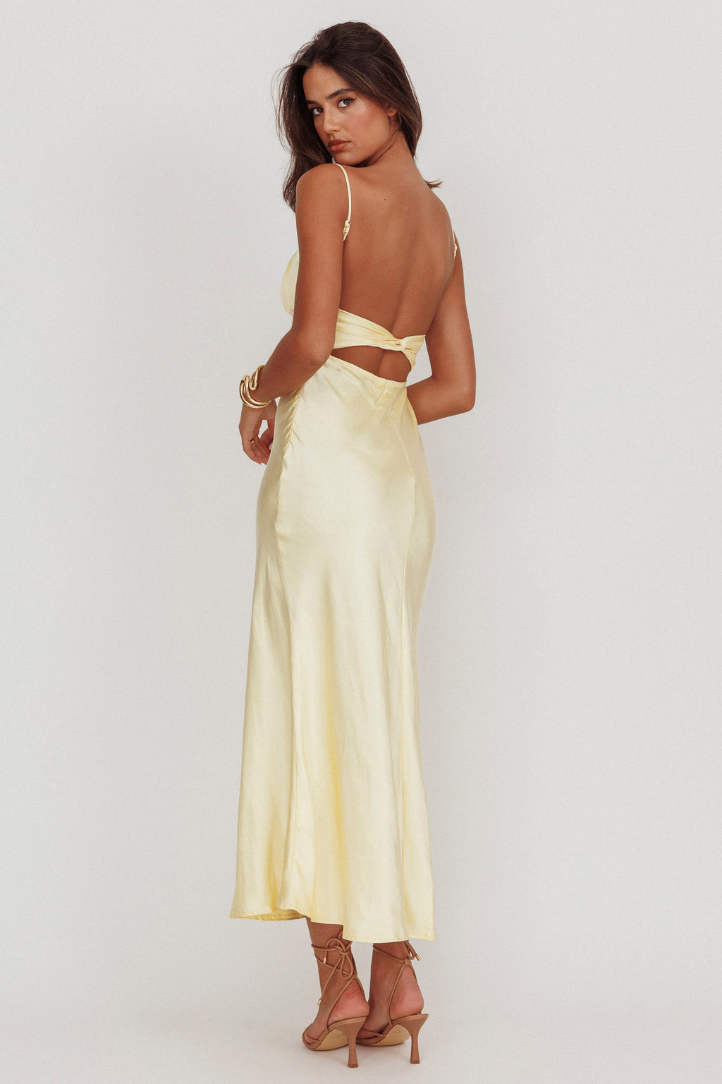 nerida low back twist maxi dress dark rose Nerida Twist Back Satin Maxi Dress Lemon