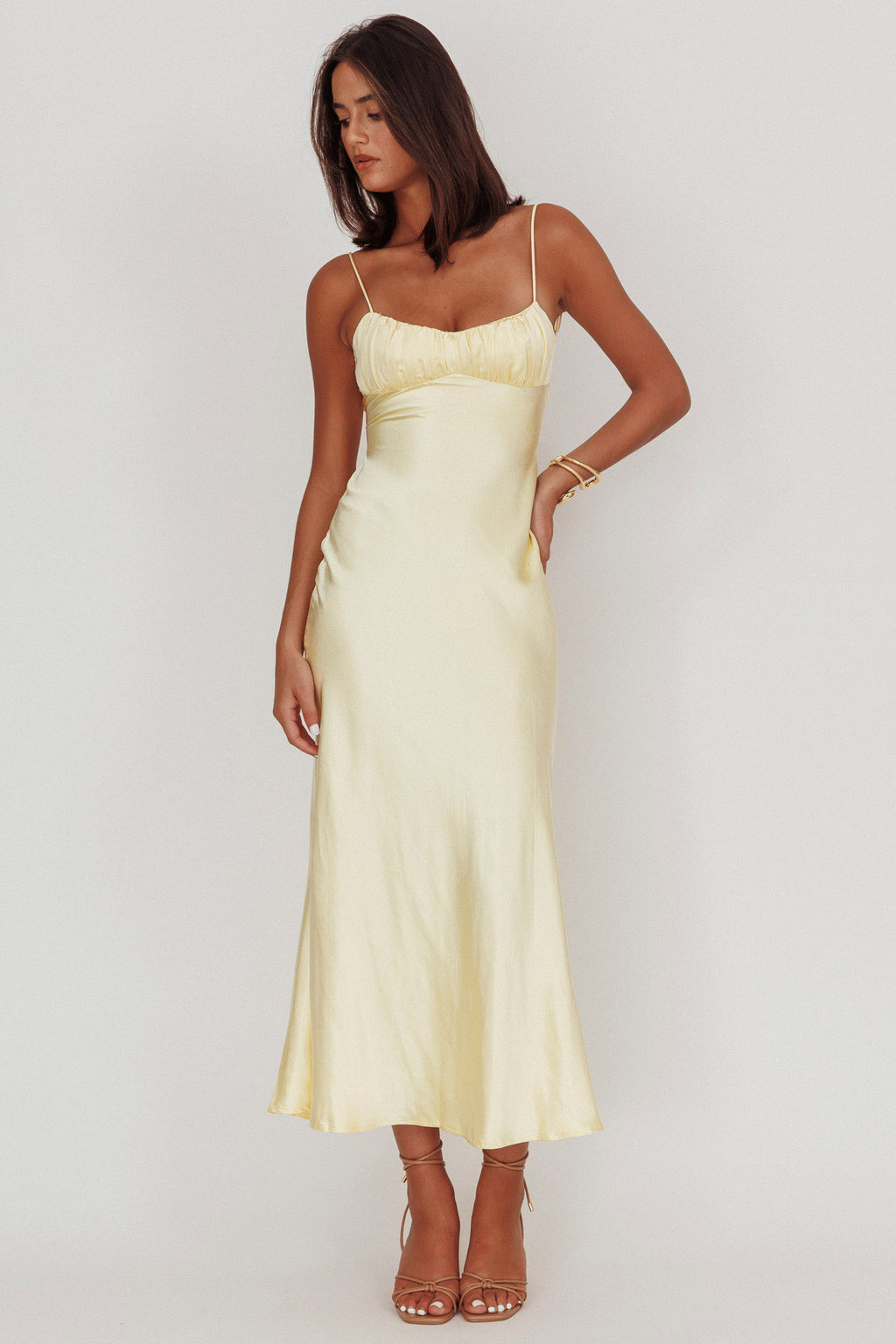 Nerida Twist Back Satin Maxi Dress Lemon by Selfie Leslie