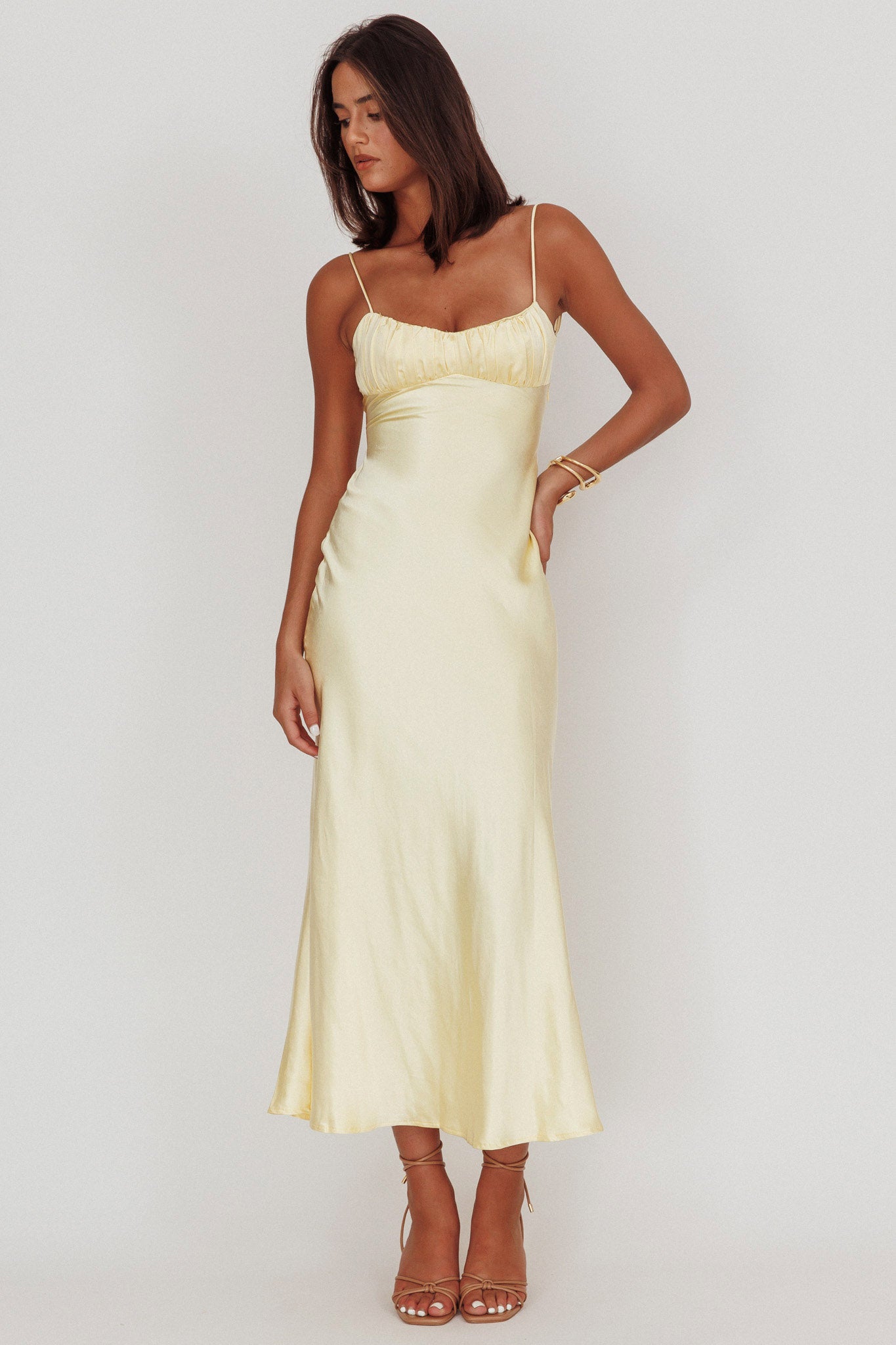 Nerida Twist Back Satin Maxi Dress Lemon by Selfie Leslie
